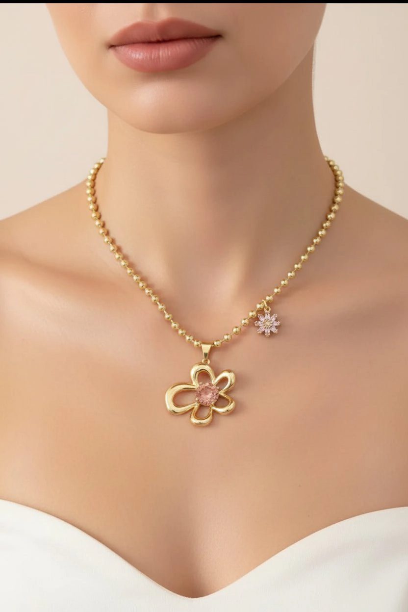 DressAtR Women's Pink Flower Zircon 18K Gold Plated Necklace