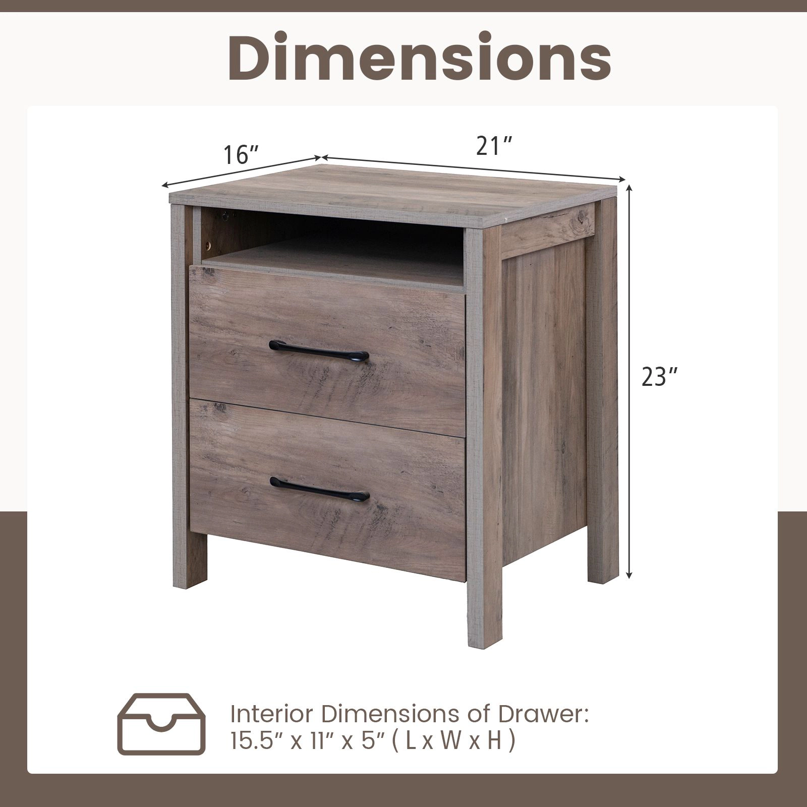 SlickBlue Farmhouse Nightstand with Two Drawers and Open Shelf