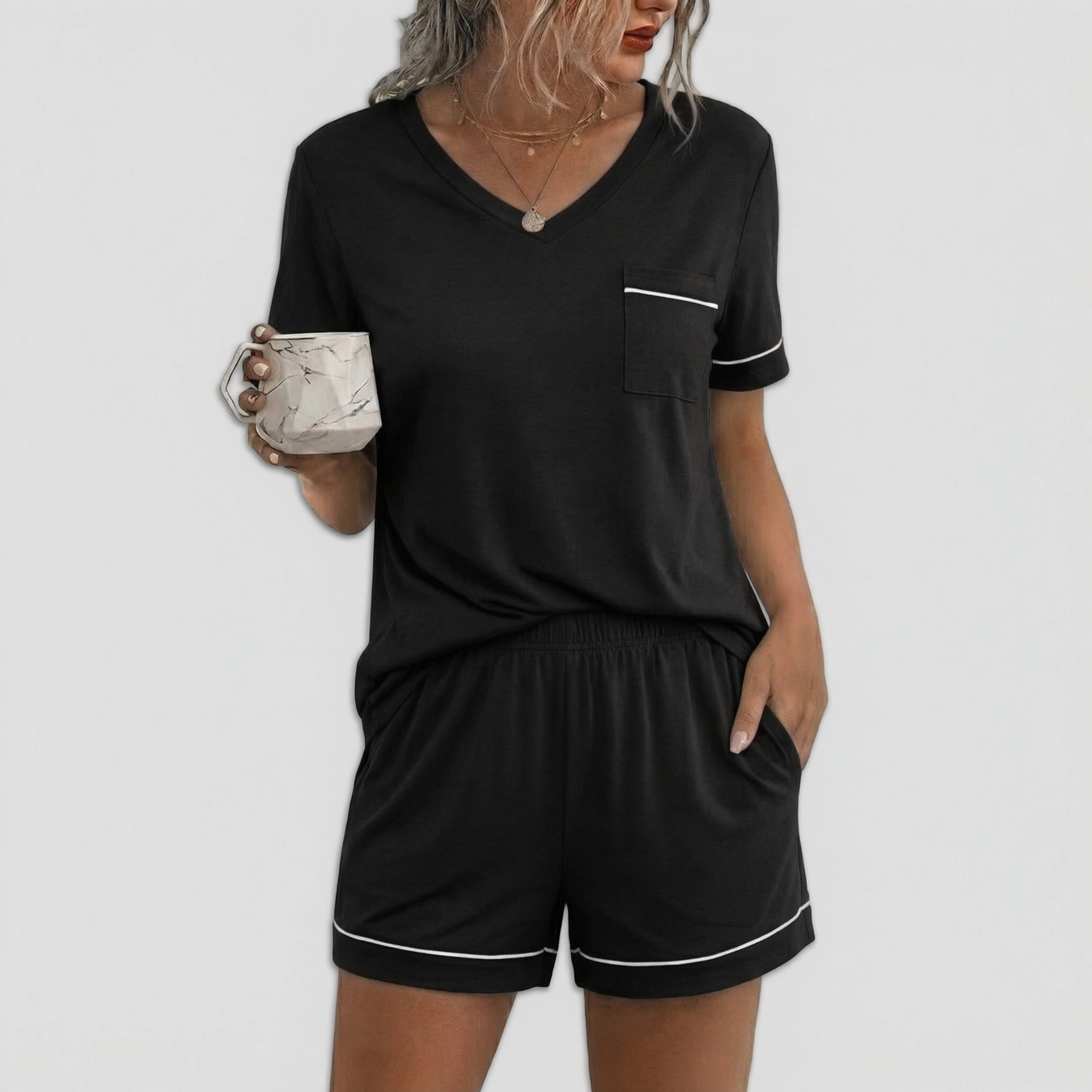 Ekouaer Pajamas Set for Women 2 Piece Sleepwear Short Sleeve Top and Shorts Soft V Neck Pjs Lounge