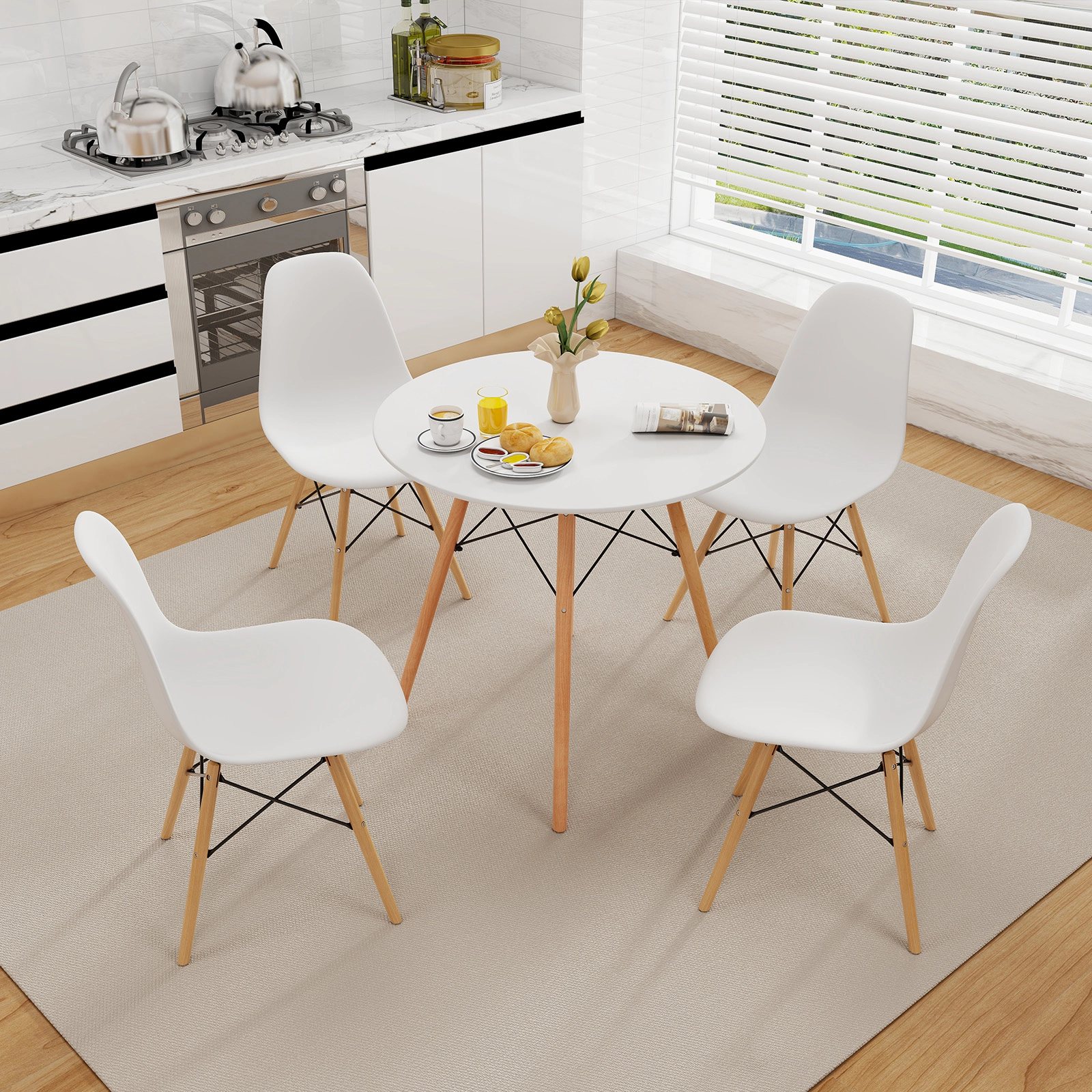 LJG Round Modern Dining Table with Solid Wooden Leg