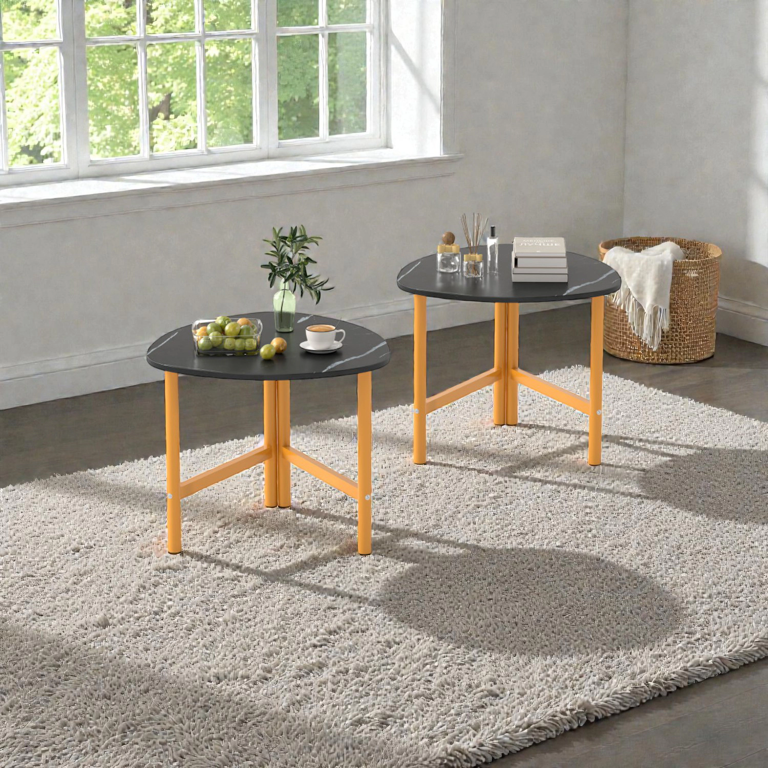 Hivvago 2 Piece Triangle Coffee Tables with Sleek Oval Tops and Minimalist Metal Supports