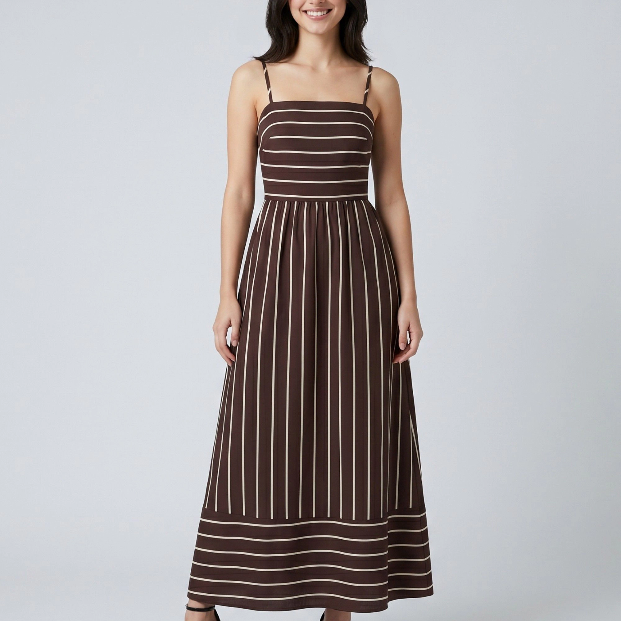 Anna-Kaci Women's Striped Square Neck Sleeveless Fitted Adjustable Straps Tiered A-Line Skirt Maxi Dress