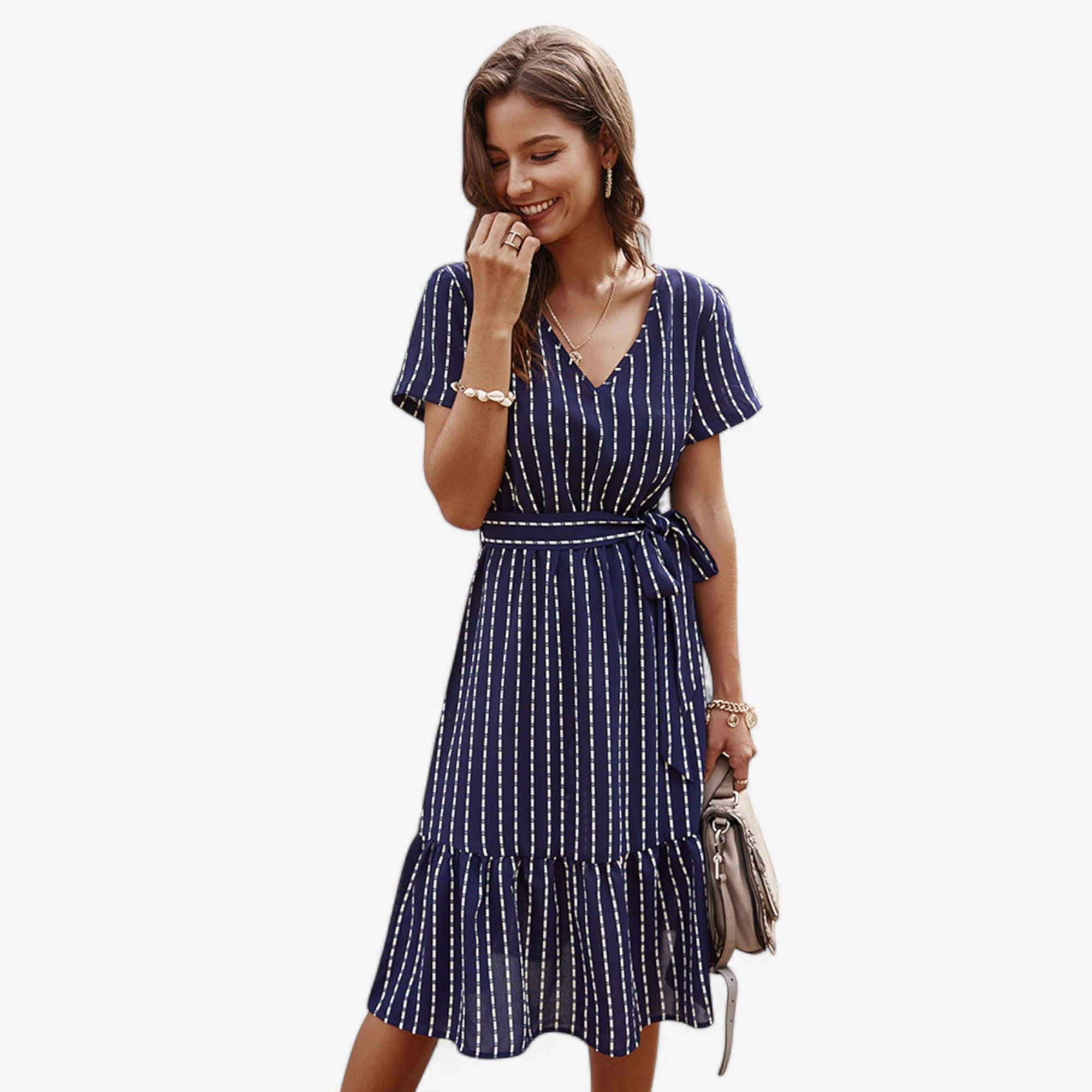 Anna-Kaci Women's V Neck Short Sleeve Tiered Waist Tie Midi Dress