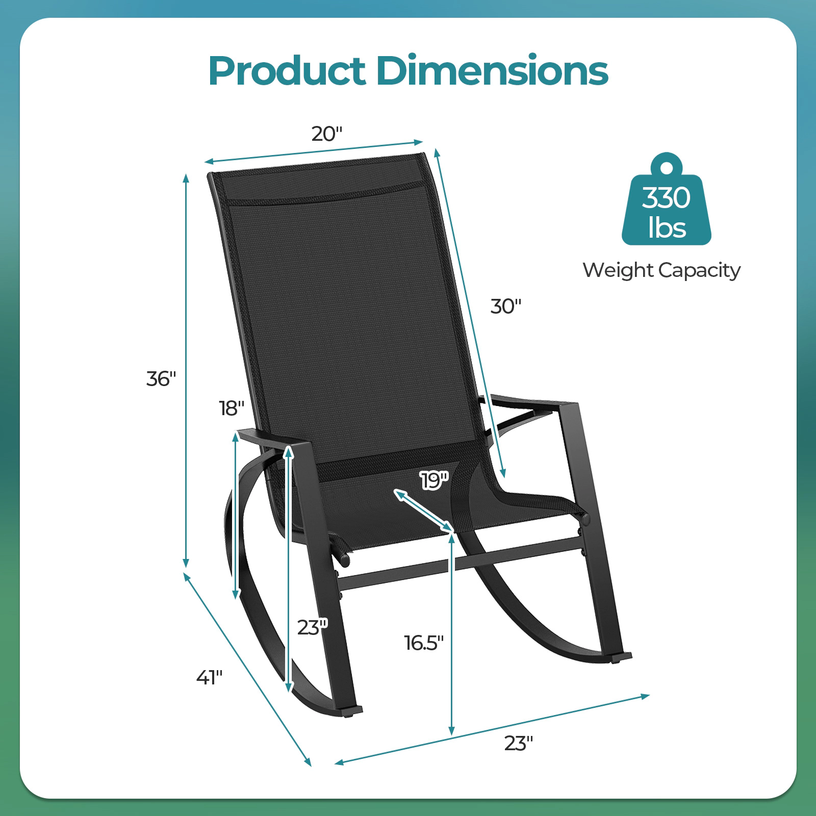 SUGIFT Set of 2 330-lb Capacity Black Sling Fabric Outdoor Patio Rocking Chairs with Curved Backrest