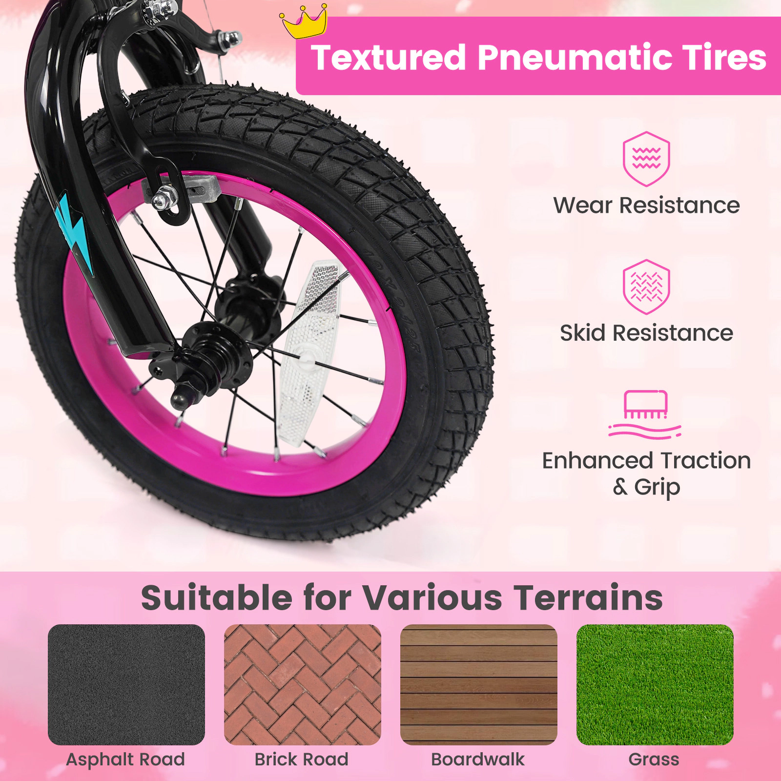 SUGIFT Pink Detachable Training Wheels and Adjustable Seat Kids Bike