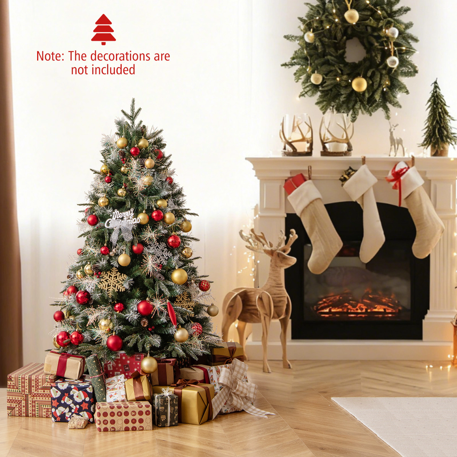 SUGIFT 5 ft Pre-Lit Christmas Tree Snow Flocked Artificial Tree with 8 Light Modes and Berries