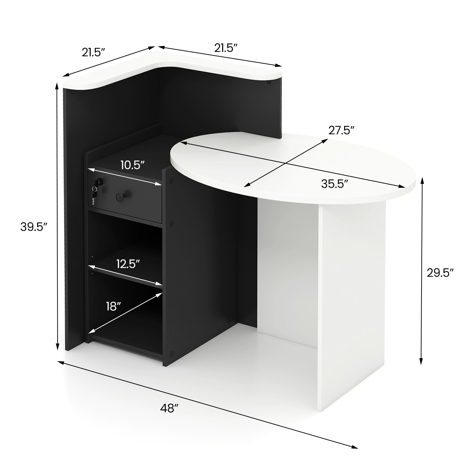 SUGIFT 48 in Reception Desk Black with Raised Counter Open Shelf and Lockable Drawer