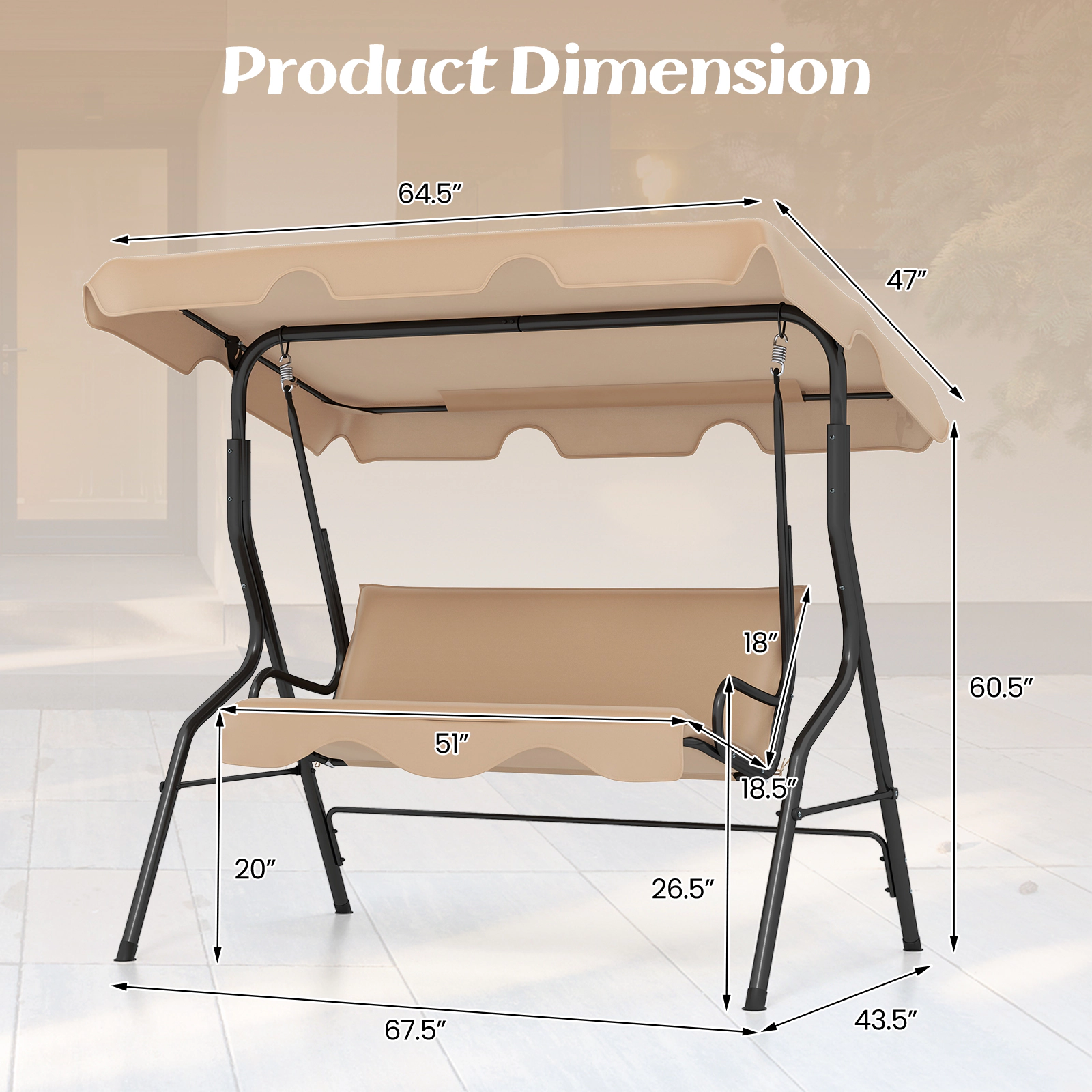 SUGIFT Beige 3-Seat Outdoor Porch Swing with Canopy, Cushions, 51-Inch Bench, 440-Lb Capacity