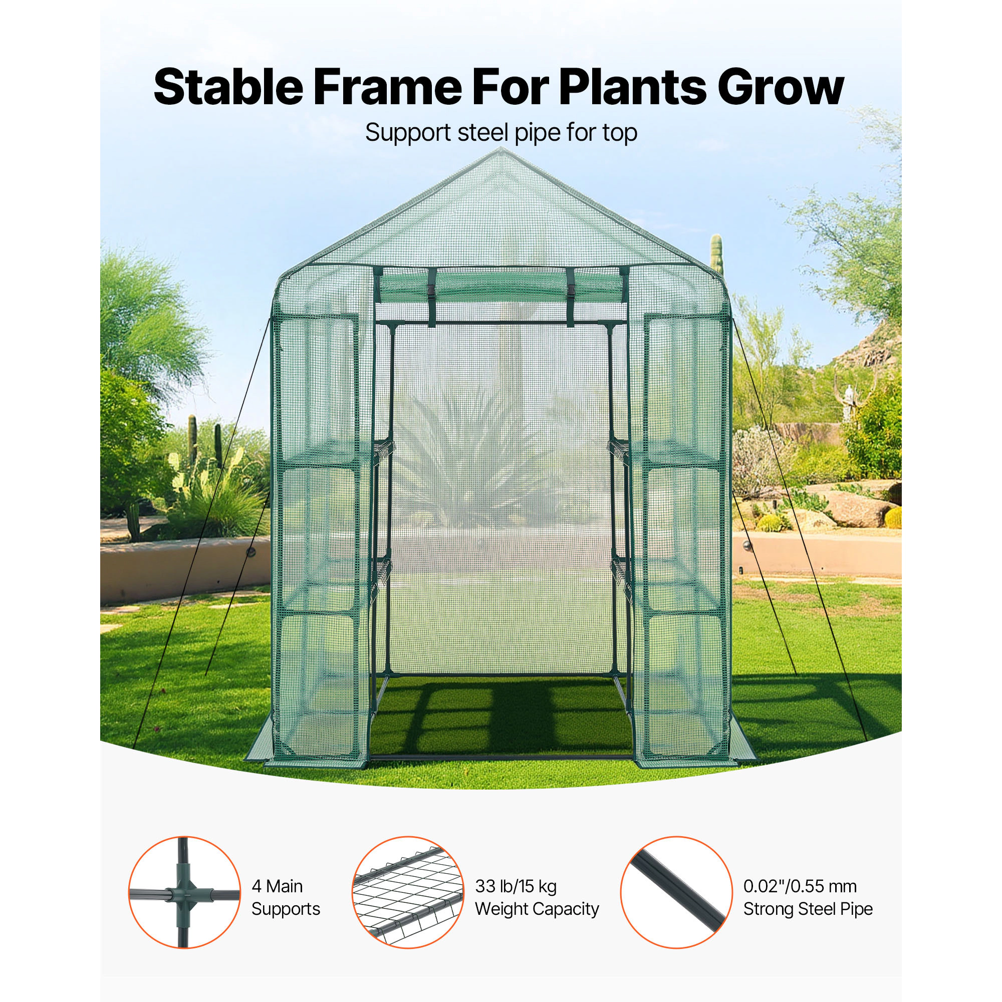 HONGGE Walk-In Greenhouse, 55.5 x 56.1 x 78.7 in, Steel Frame with 8 Shelves & Roll-Up Zipper Door PE Cover