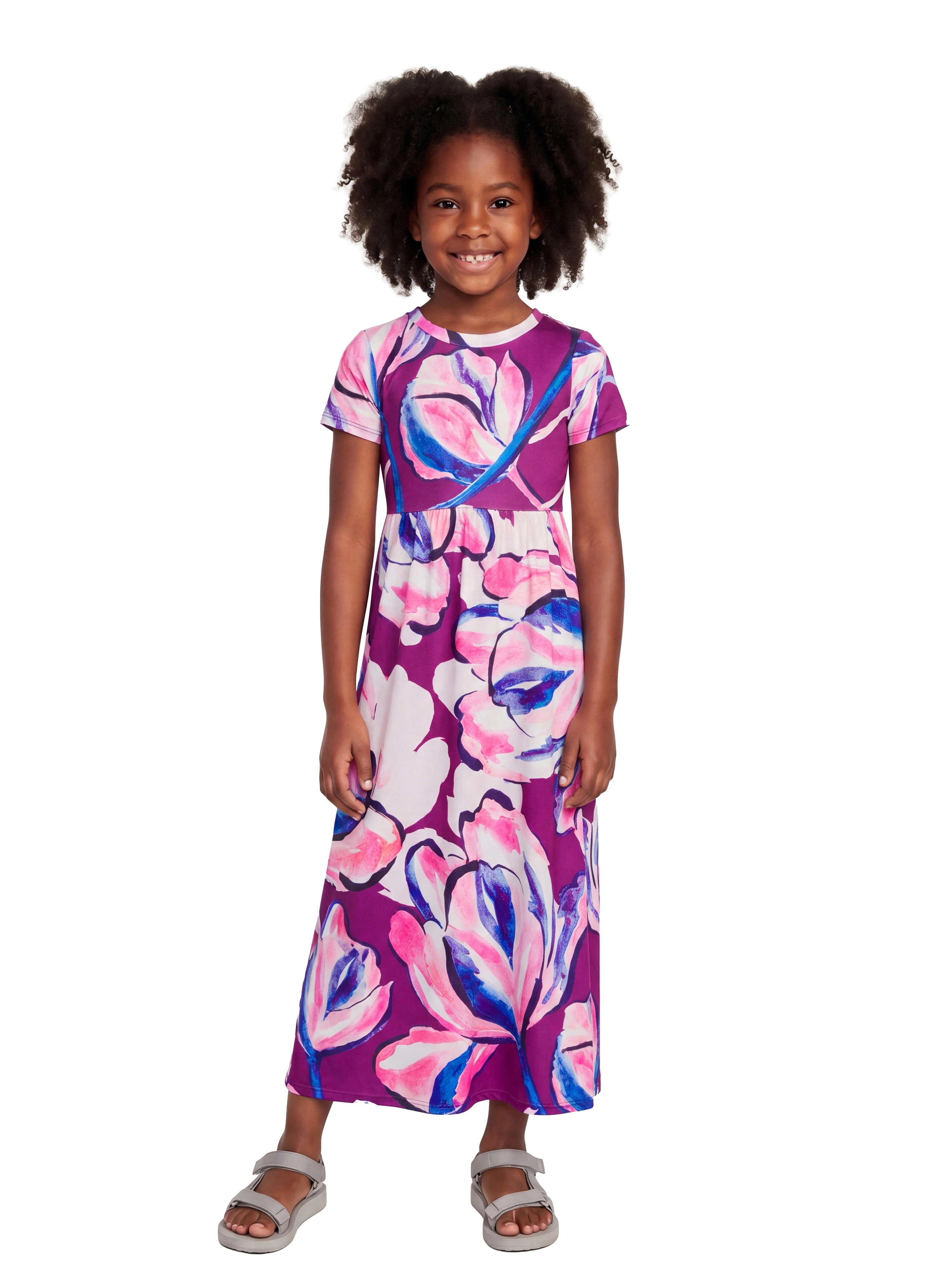 24sevenKid Essential Girls Purple Floral Print Short Sleeve Maxi Dress