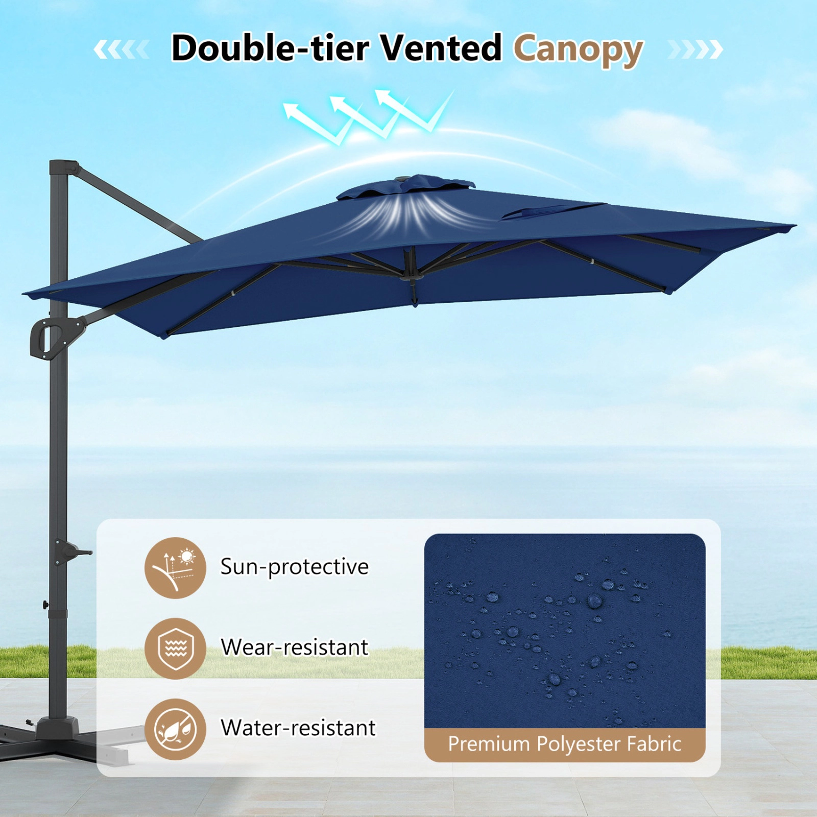 SUGIFT Navy 11 x 9 ft Rectangular Cantilever Patio Umbrella with 6 Tilt Positions