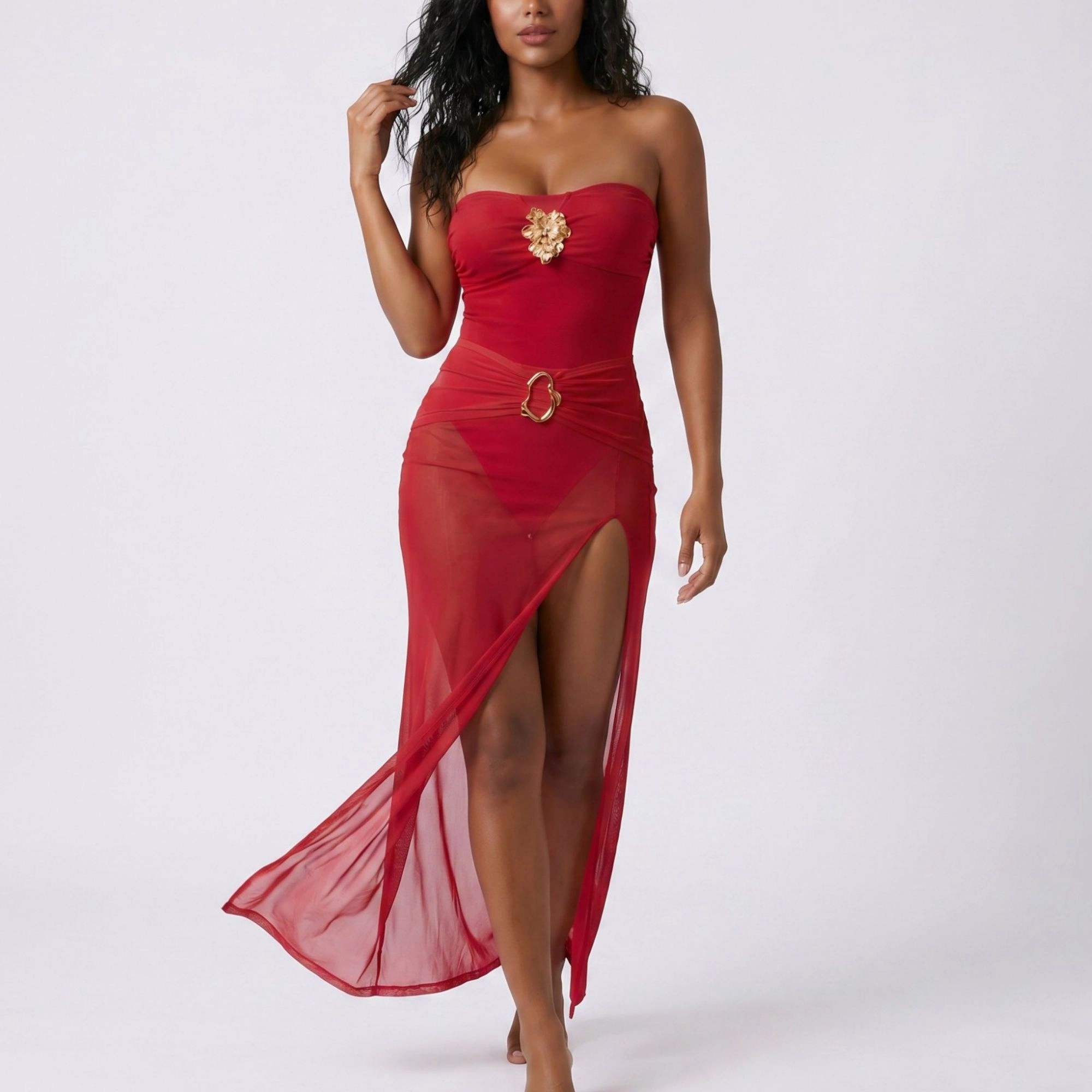 Anna-Kaci Women's 2-Piece Strapless One Piece Swimsuit with Sheer Wrap Skirt