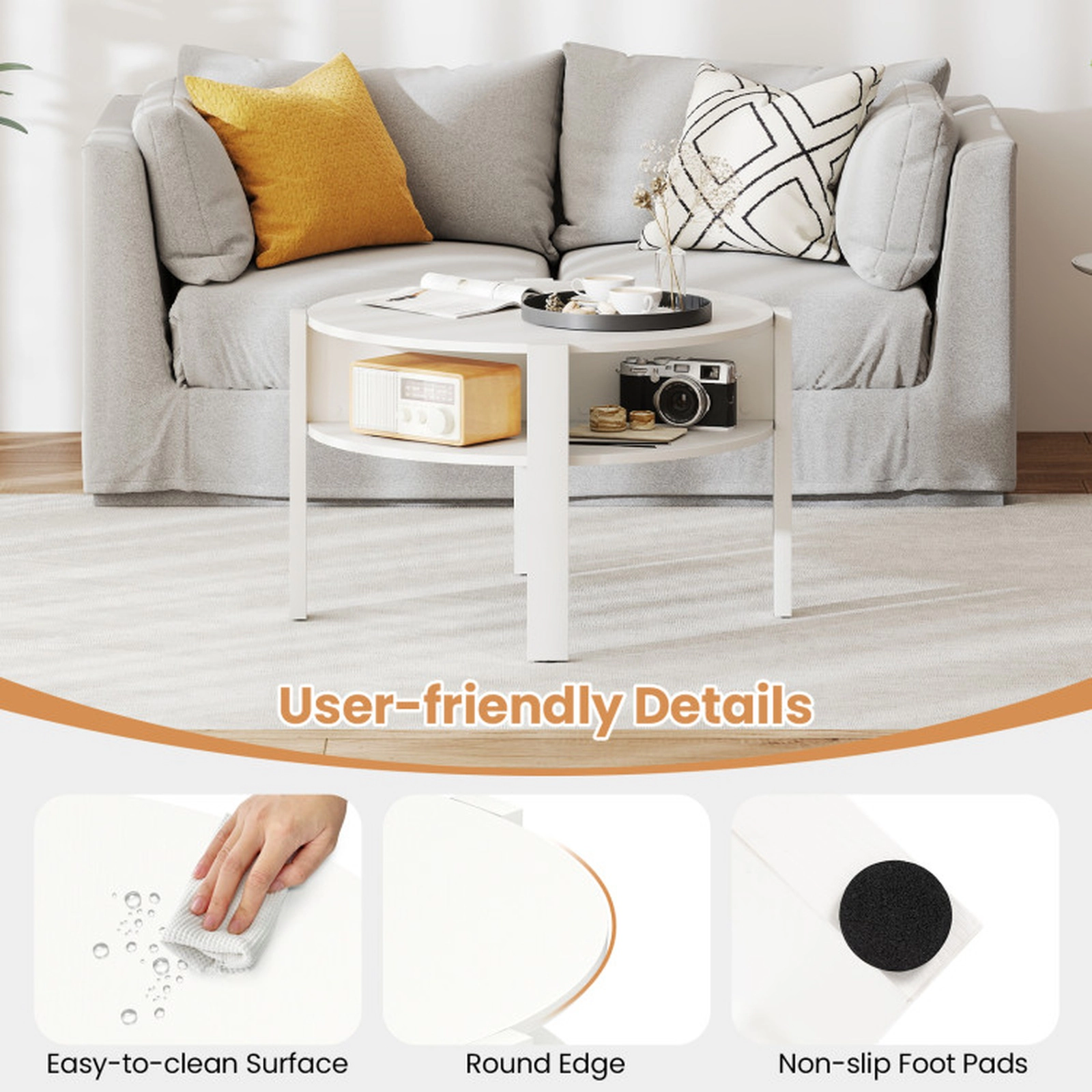 SUGIFT 29.5-in Round 135-lb Capacity White Wood Coffee Table with Side Storage Shelves and 11-in Clearance