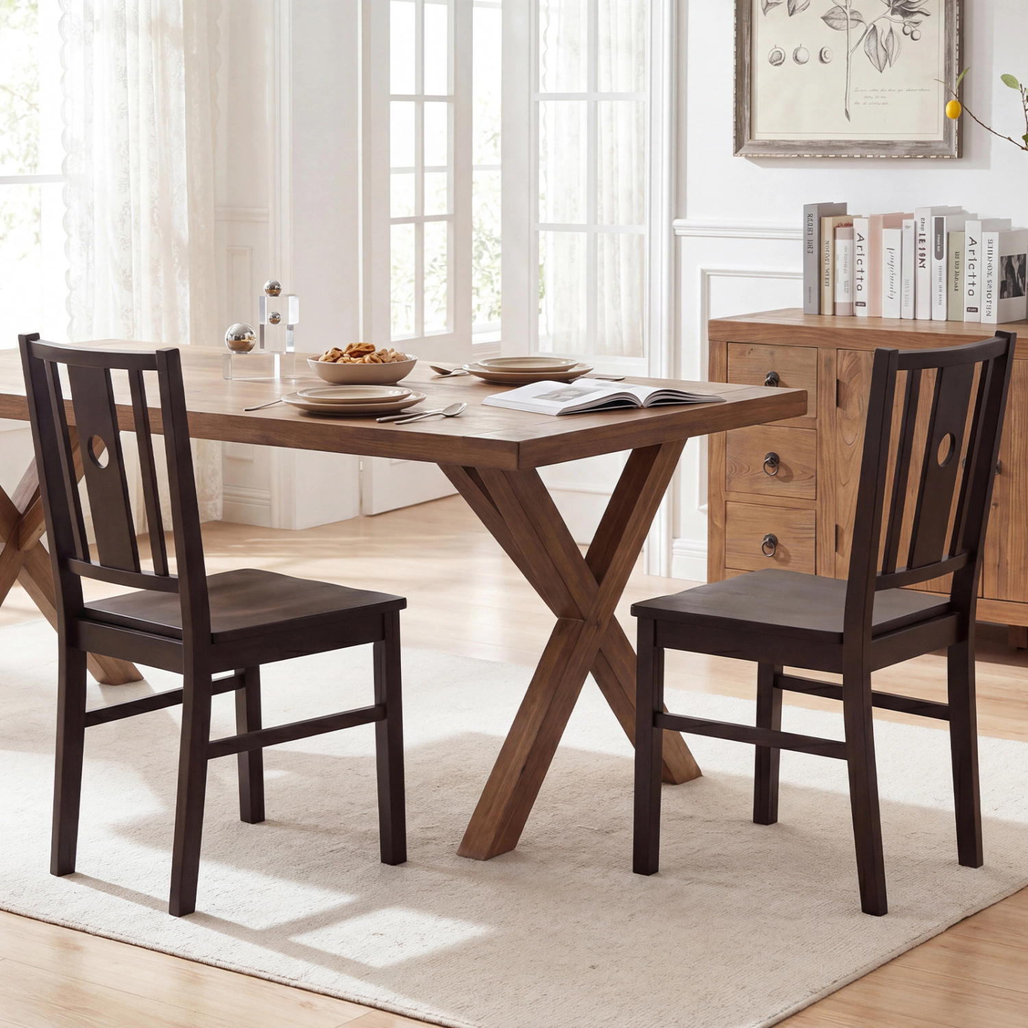 LJG Set of 2 Solid Rubber Wood Kitchen Chairs with Slatted Curved Backrest