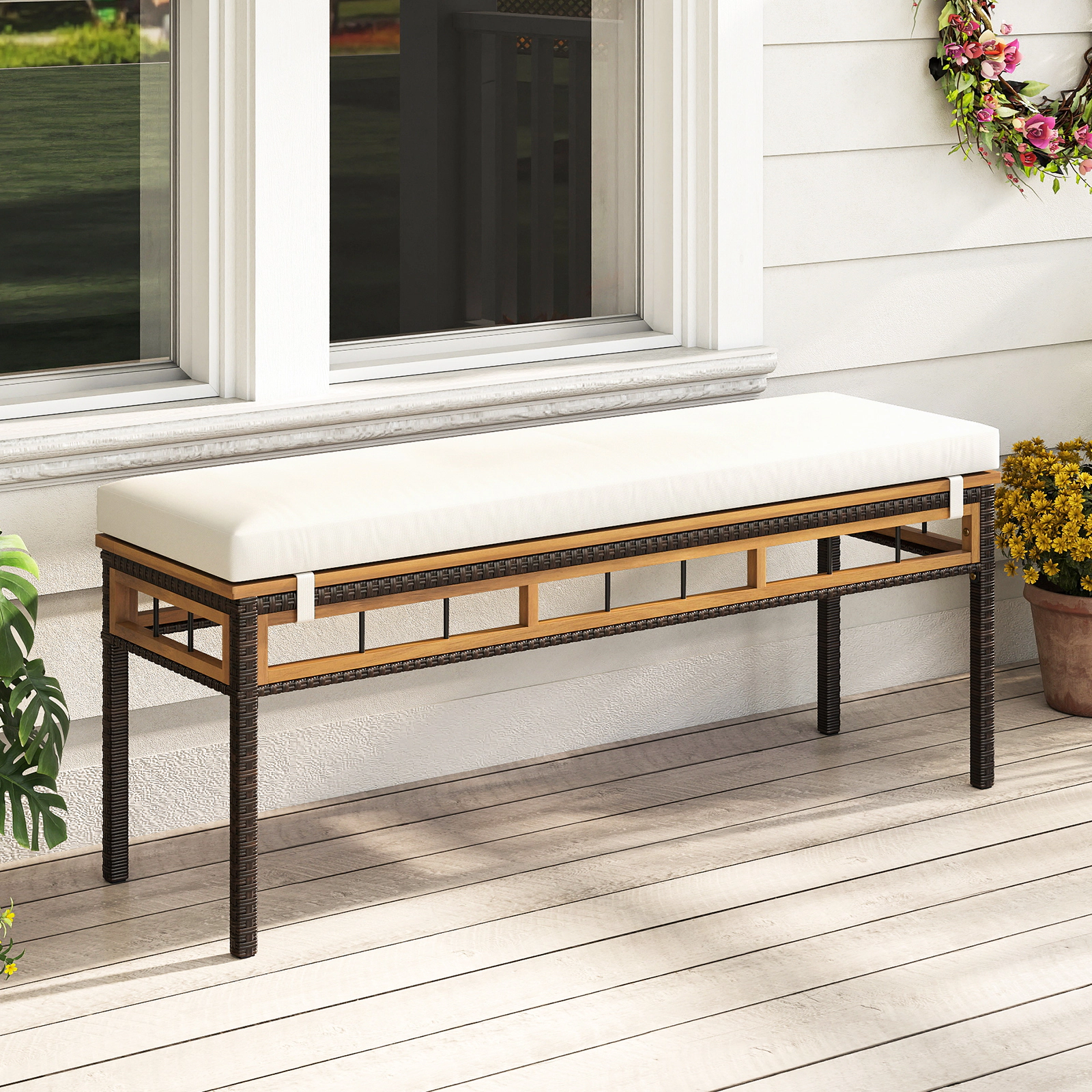 SUGIFT Backless Wicker Patio Bench for 2 People 48-in Long Acacia Wood Seat 800-lb Capacity with White Cushion