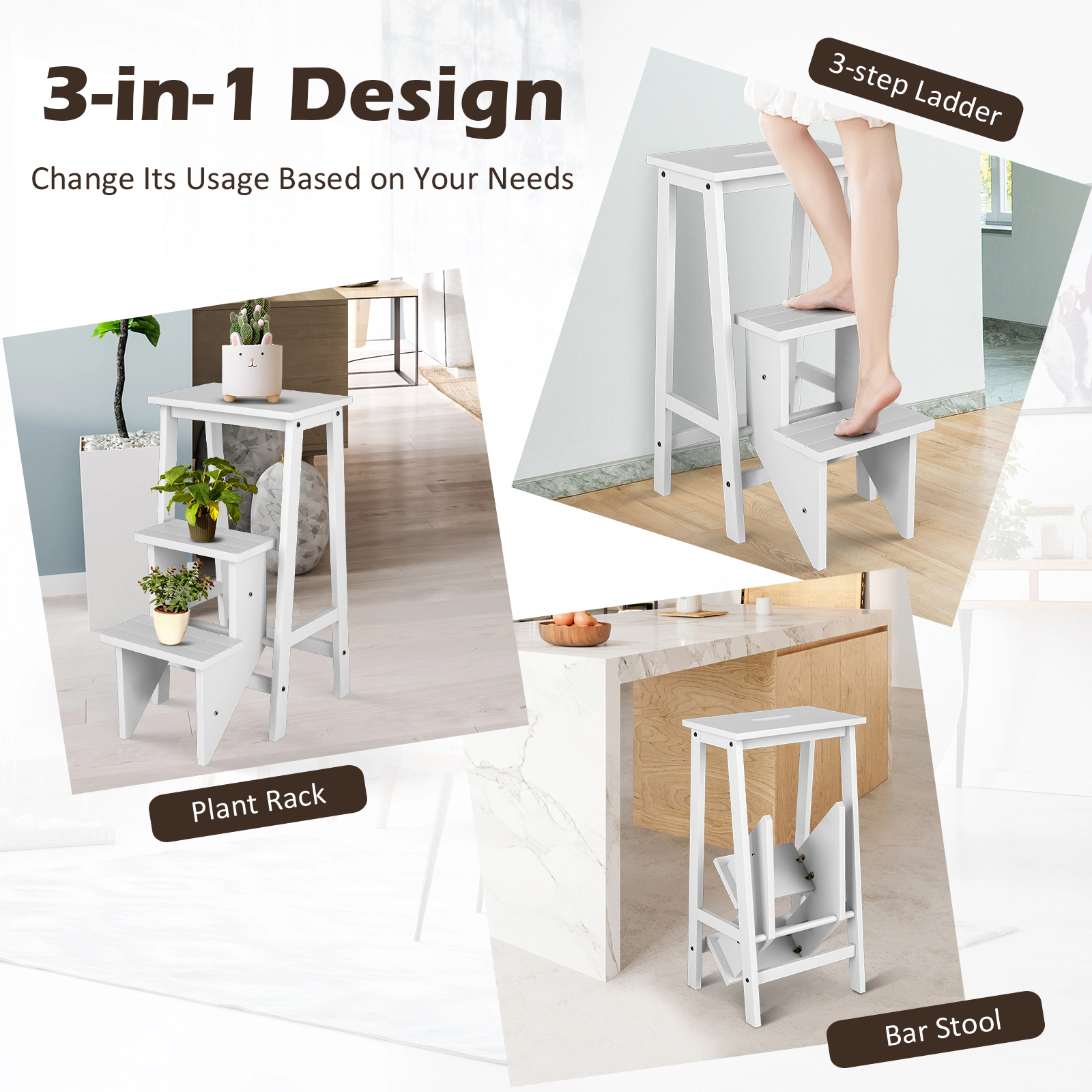 SUGIFT 3 Tier Step Stool White 3 in 1 Folding Ladder Bench in Rubber Wood