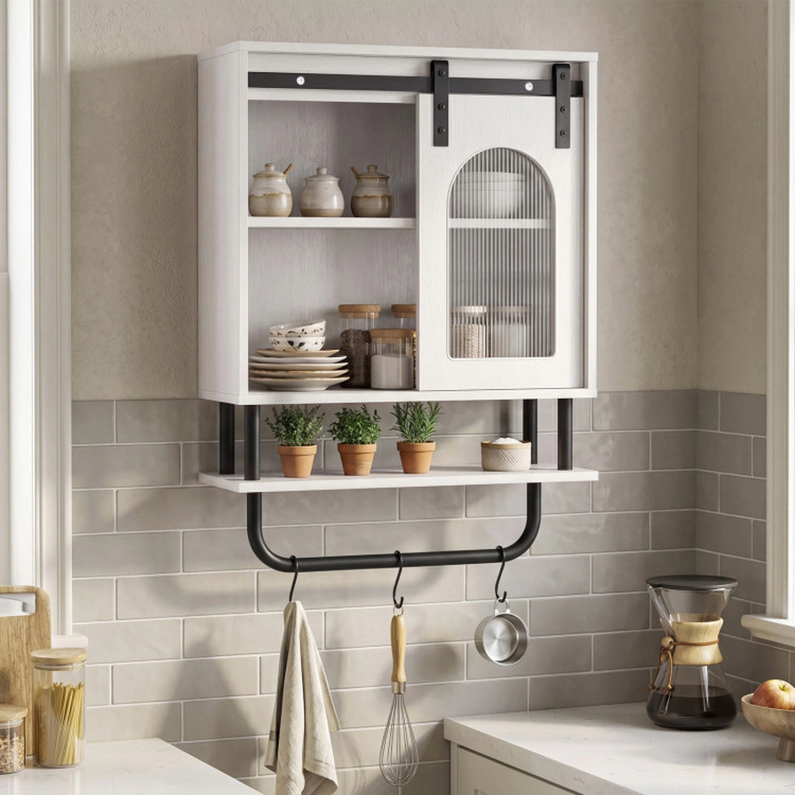 SUGIFT Sliding Barn Door Hanging Bar 3 Hooks Wall Bathroom Storage Cabinet 20-in x 8-in x 27.5-in 66-lb Capacity White