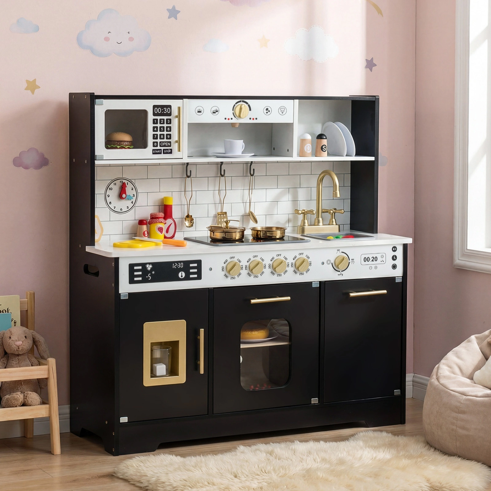 Wooden Play Kitchen for Kids Lighted Stoves Ice Maker Coffee Maker Dishwasher Clock 33.5-in x 11.5-in x 34.5-in Black