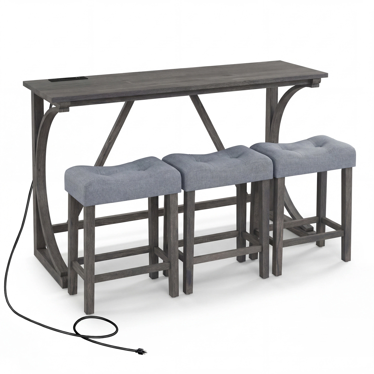 LJG 4-Piece Bar Table Set with Power Outlet and Upholstered Saddle Seat Stools