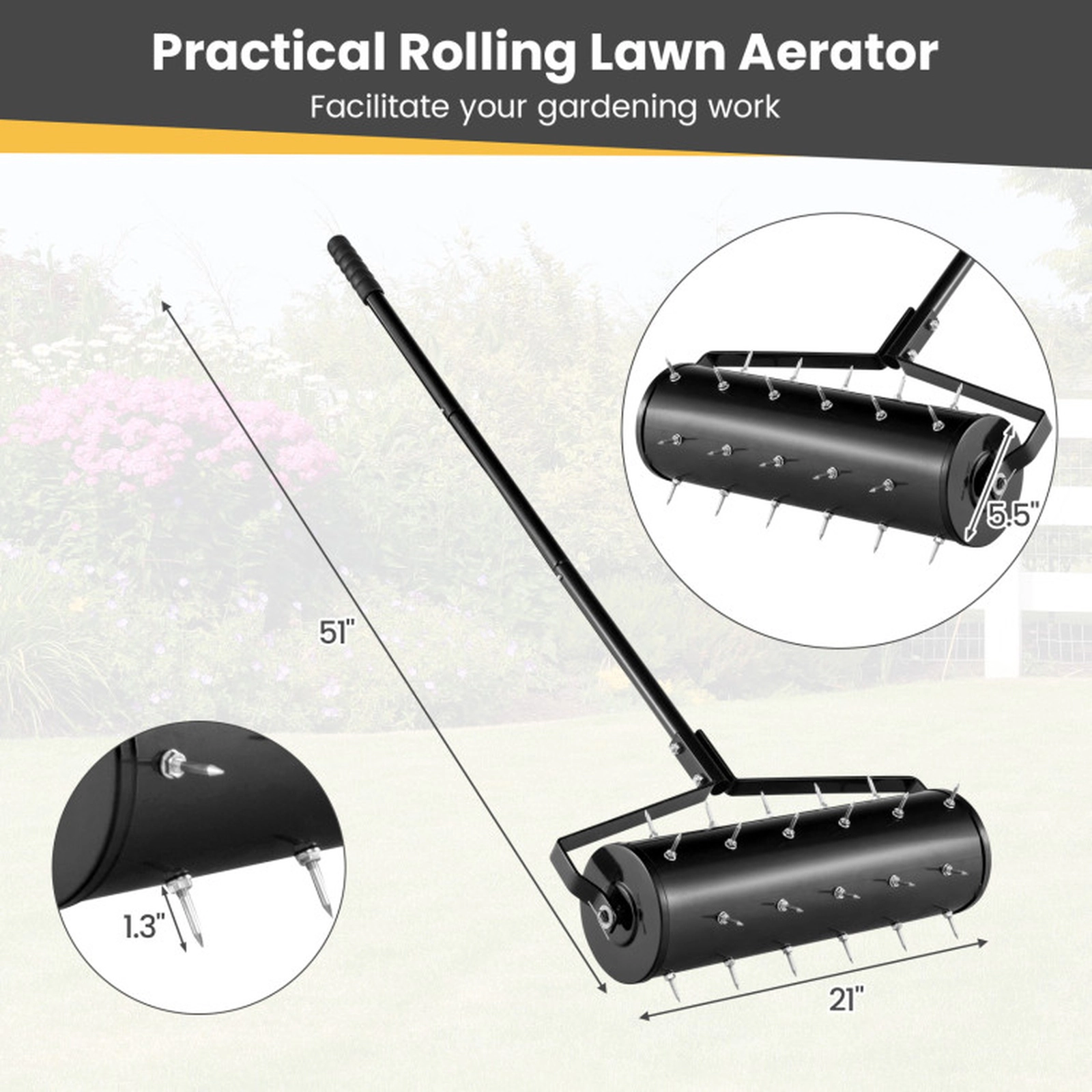 SUGIFT Manual Rolling Lawn Aerator Multi-Tool with 18-in and 21-in Drums 51-in Detachable Handle 1.3-in Spikes Black