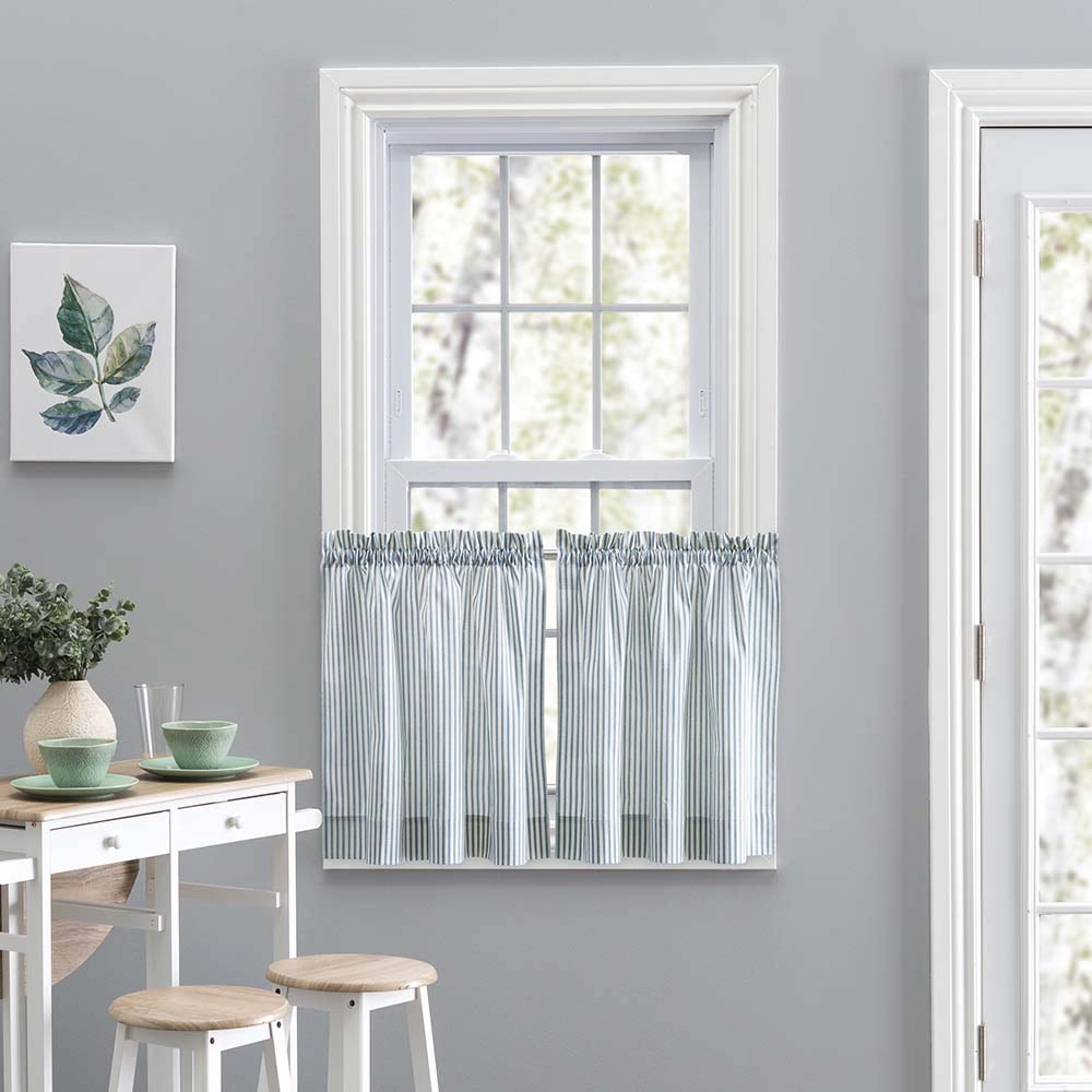 Ellis Curtain Plaza Classic Ticking Stripe Printed on Natural Ground 1.5" Rod Pocket Tailored Tiers 56" x 24" Blue