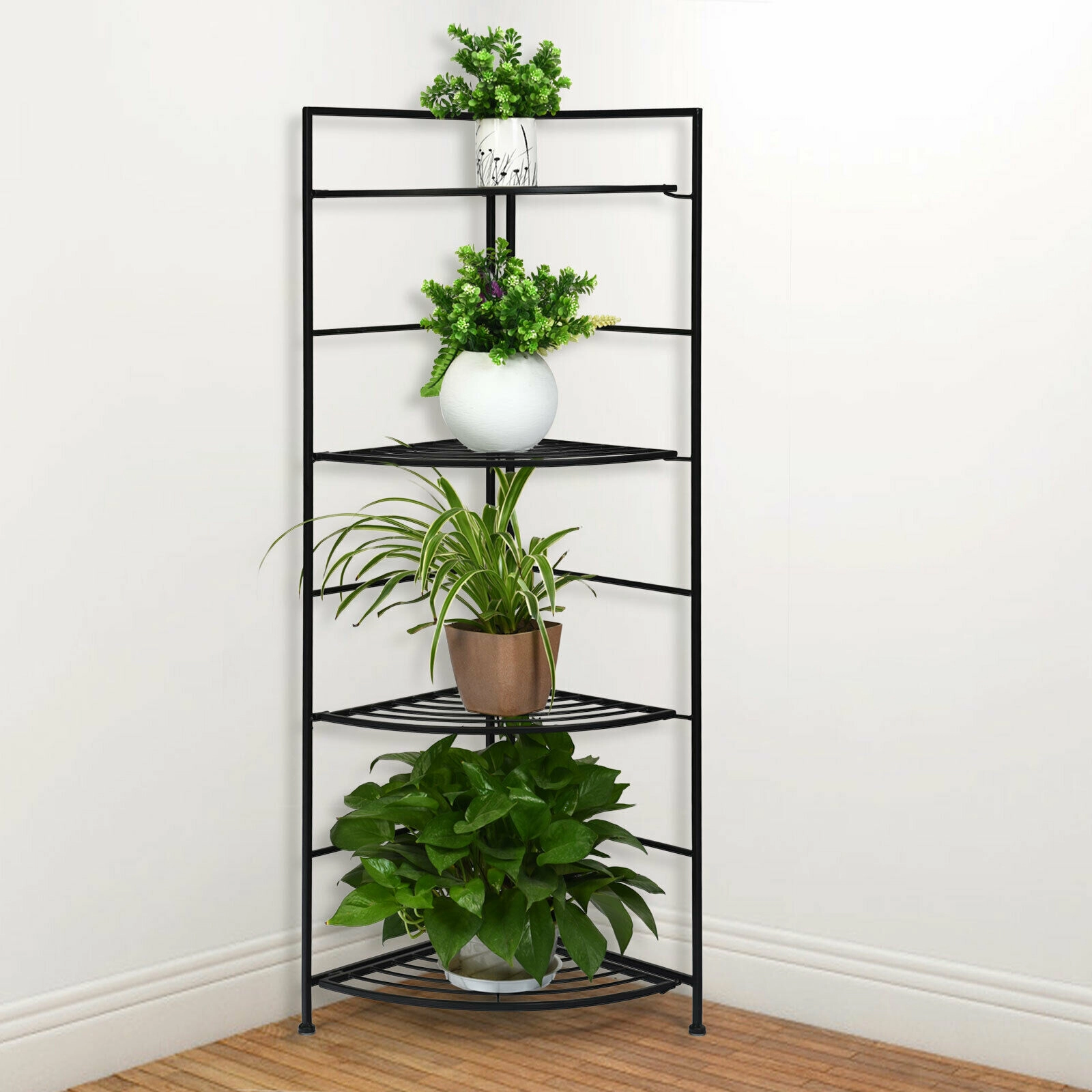 SUGIFT Black 4-Tier 46-in Tall Folding Metal Plant Stand Corner Flower Display Rack for Patio Balcony