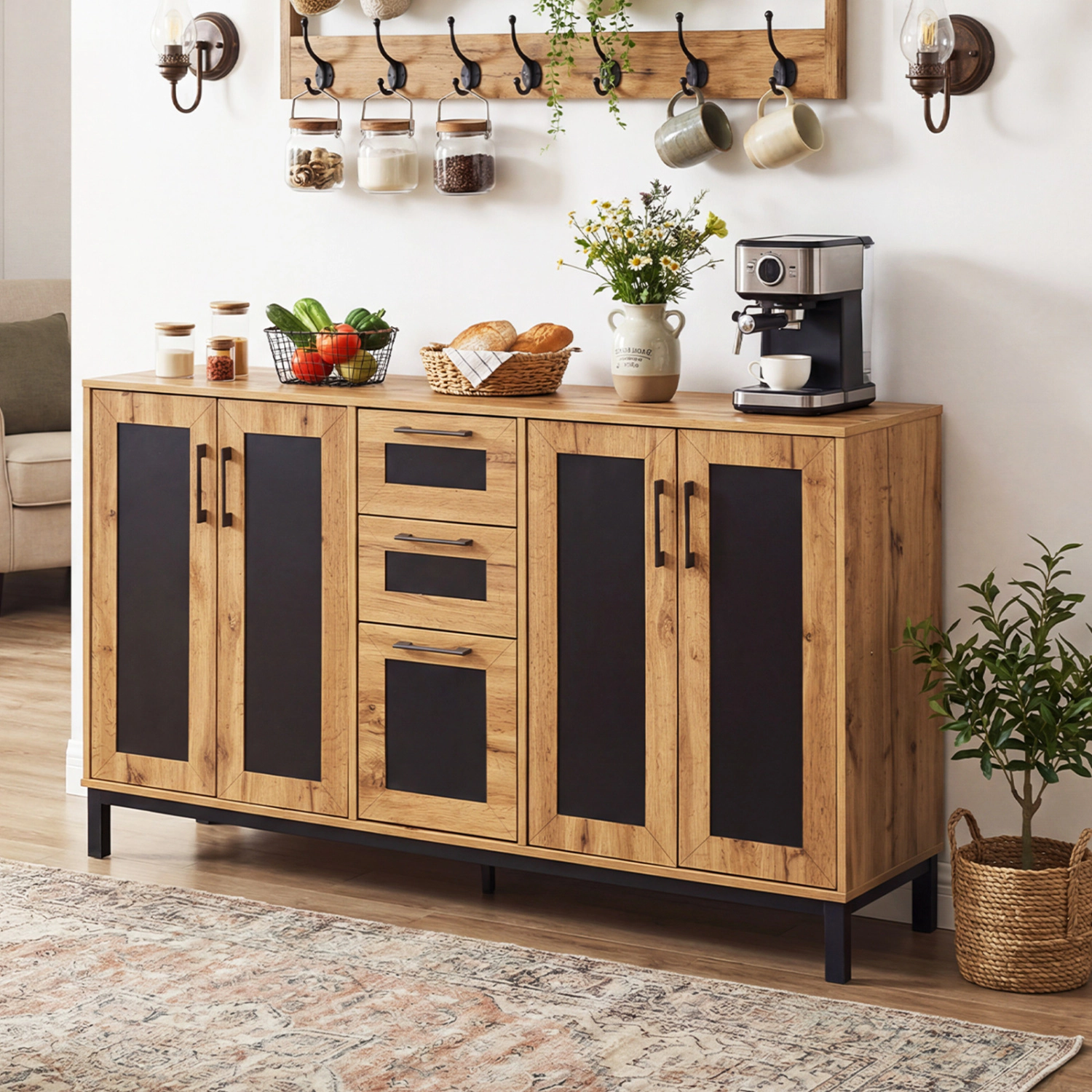 LJG 63" Sideboard Buffet Cabinet with 3 Drawers and Storage Shelves