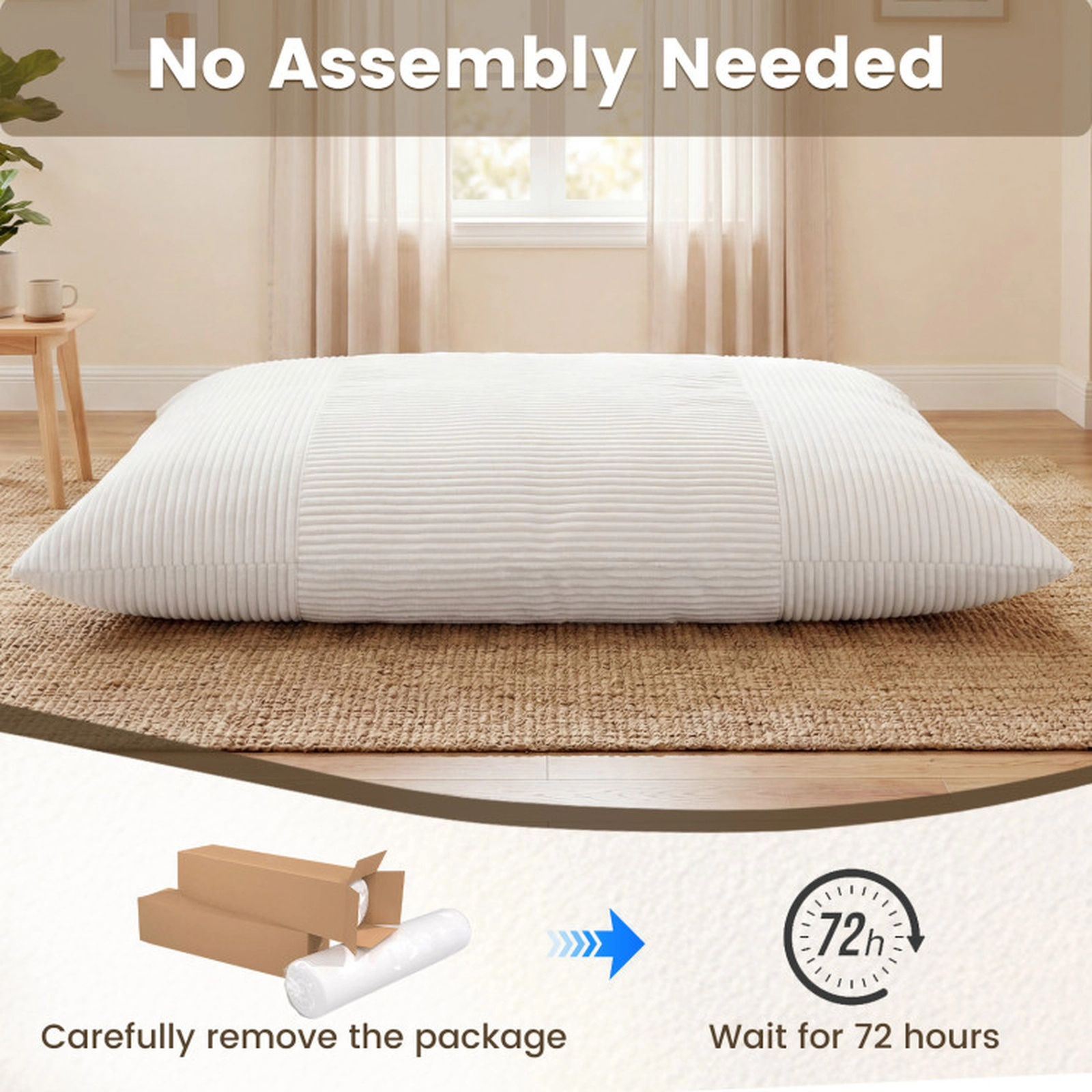 SUGIFT Convertible 76.5-in Beige Corduroy Bean Bag Floor Sofa and Bed with Machine-Washable Cover