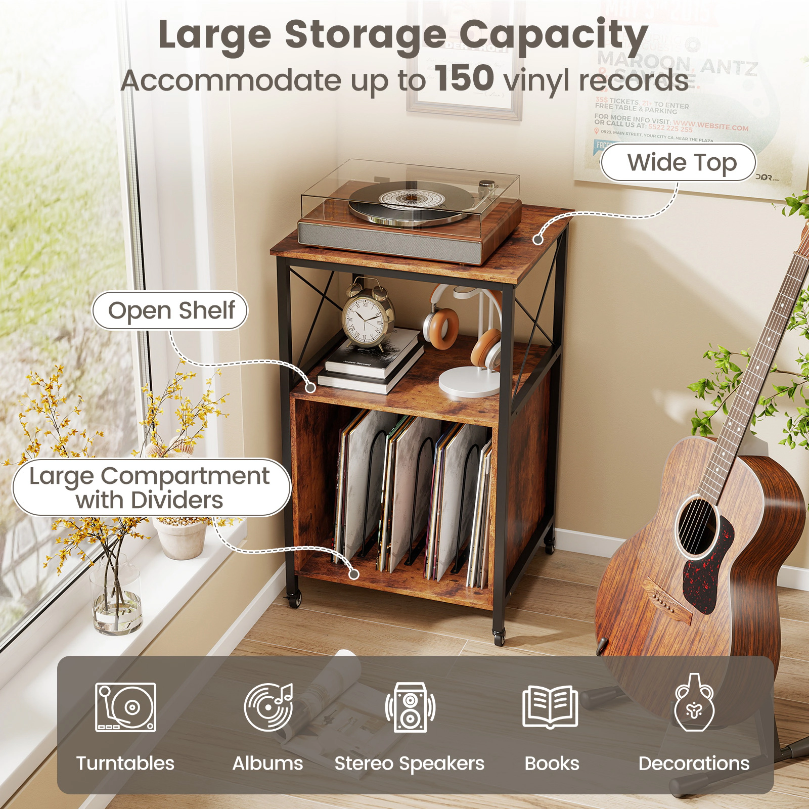 SUGIFT Mobile Record Player Stand with Power Outlet Accent Table 190-lb Capacity Rustic Brown & Black 32-in Tall