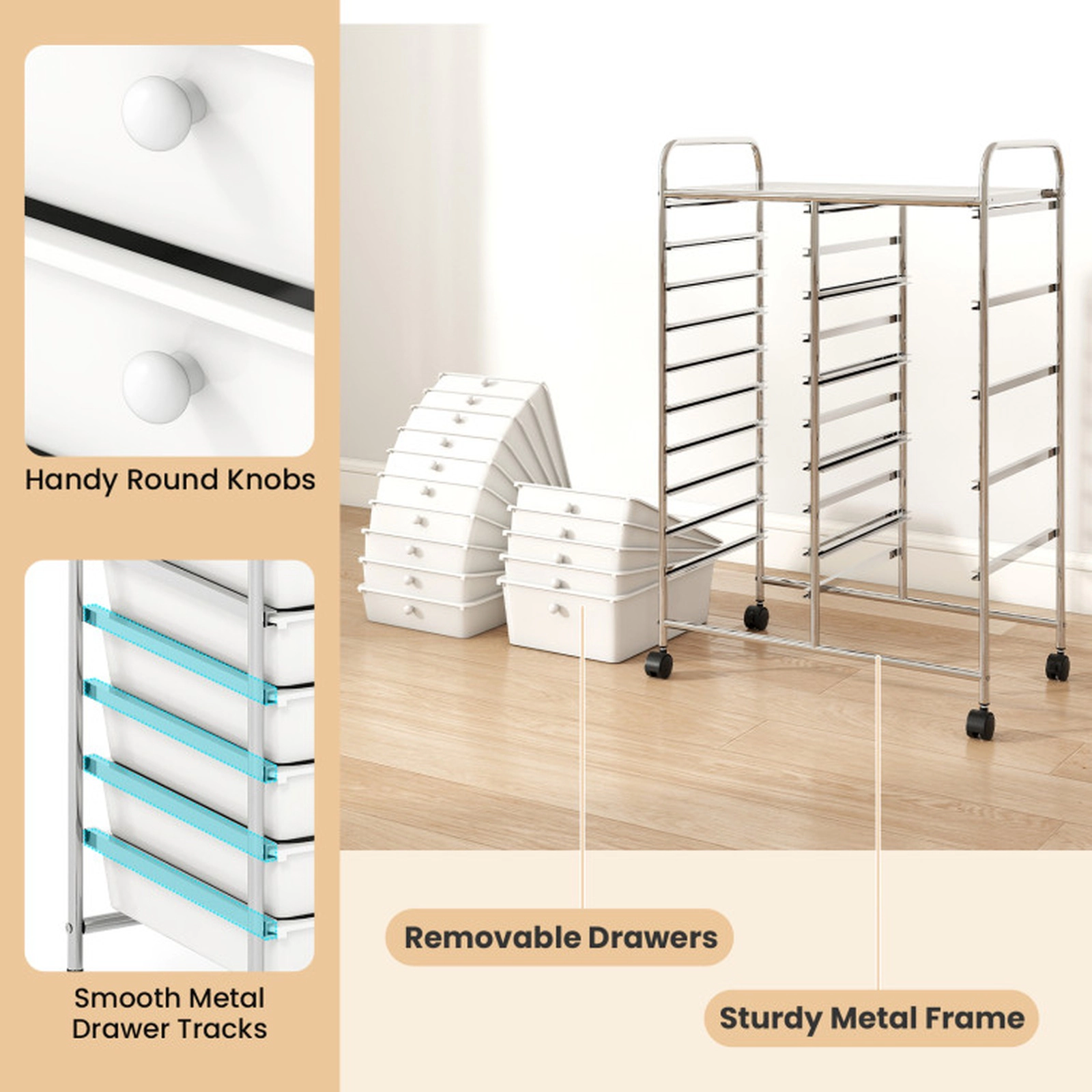 SUGIFT White 88-lb Capacity 15-Drawer Rolling Storage Trolley Cart with Chrome Plated Metal Frame