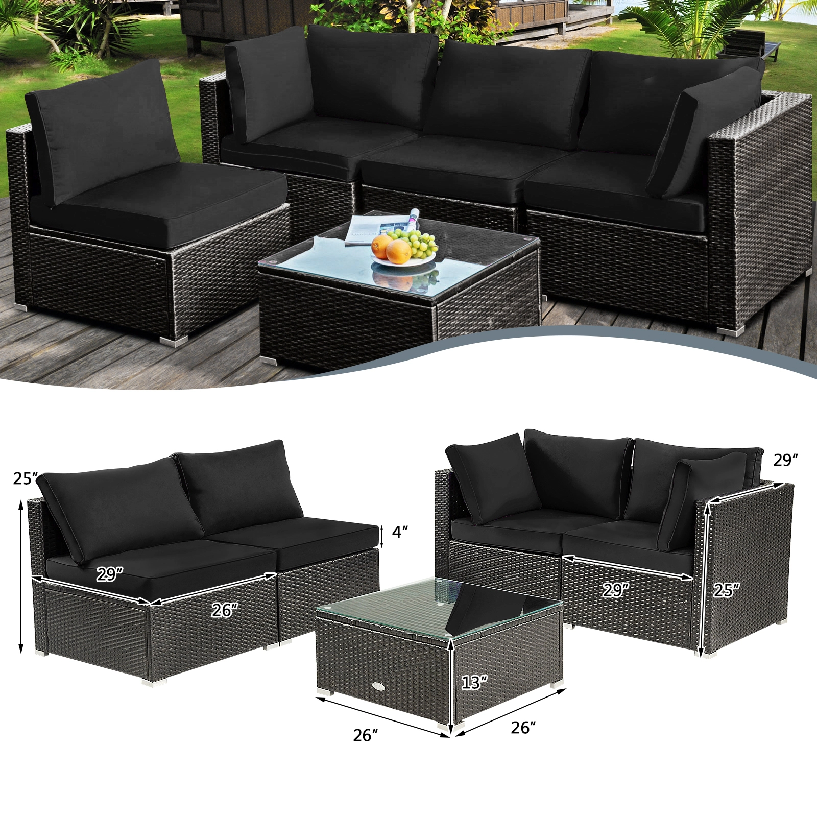 Hivvago 5 Pieces Cushioned Patio Rattan Furniture Set With Glass Table