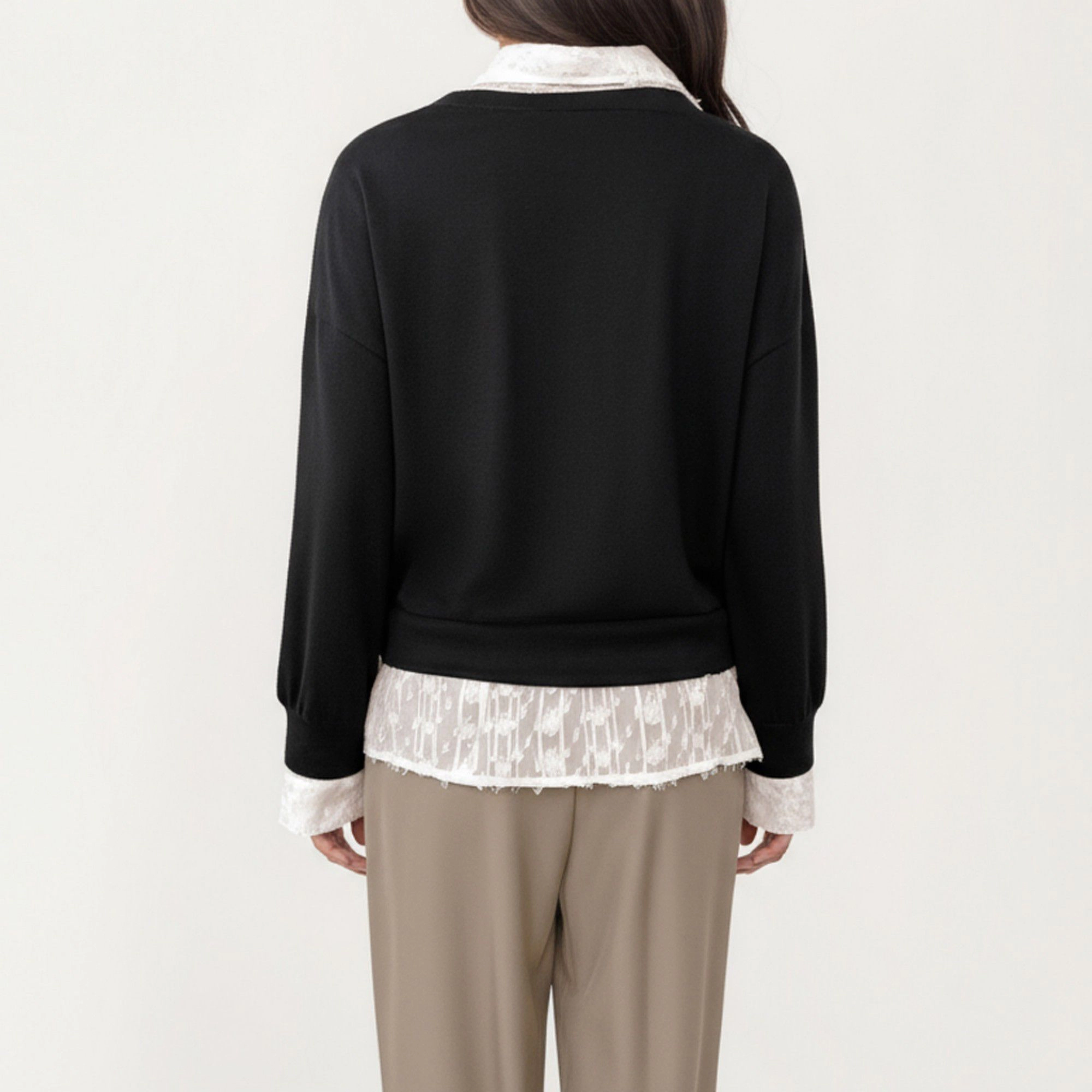Anna-Kaci Women's Layered V-Neck Pullover Top with Lace Hem Long Sleeves