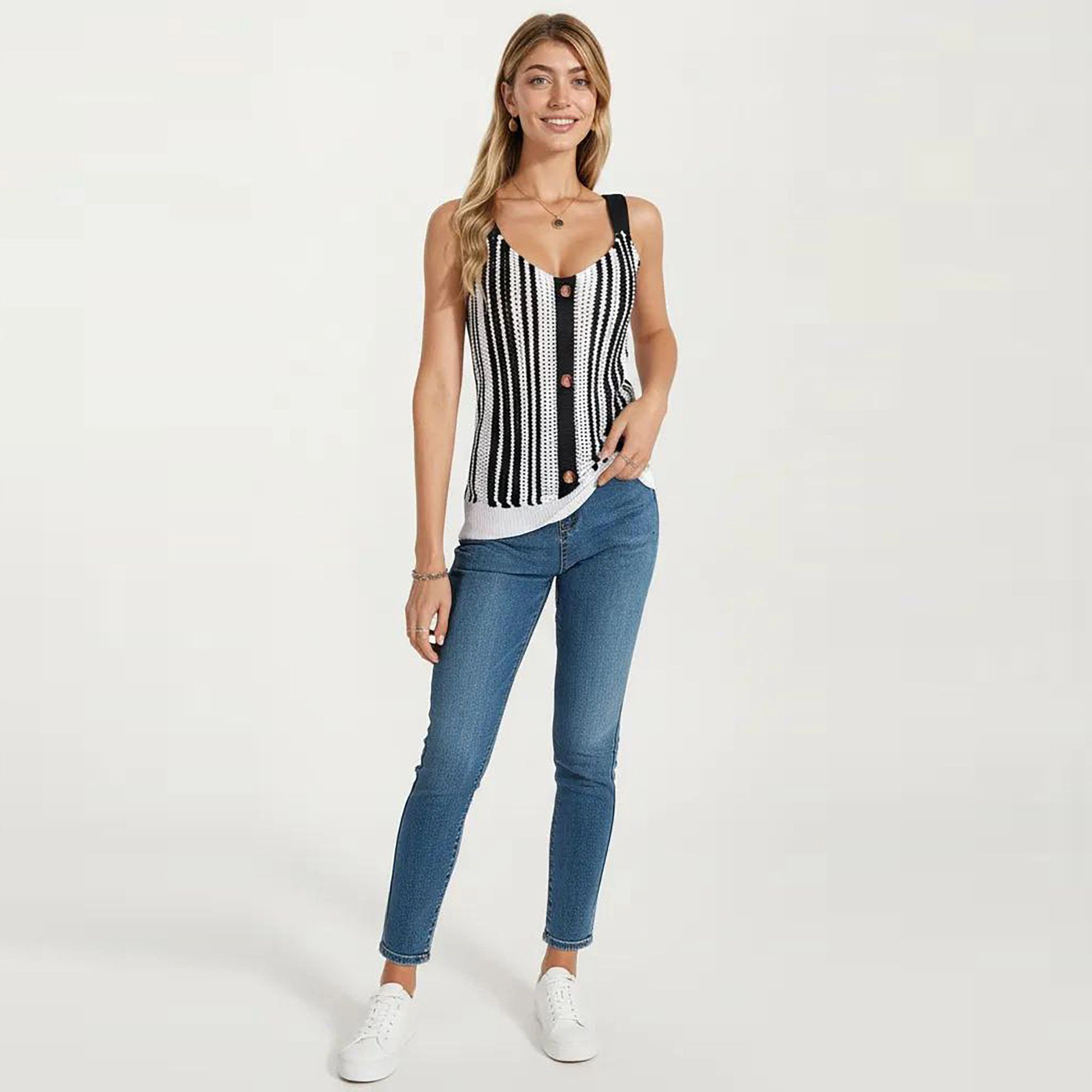 Anna-Kaci Women's Sleeveless Open Knit Button Front Sweater Tank Top with Scoop Neck and Fitted Shape
