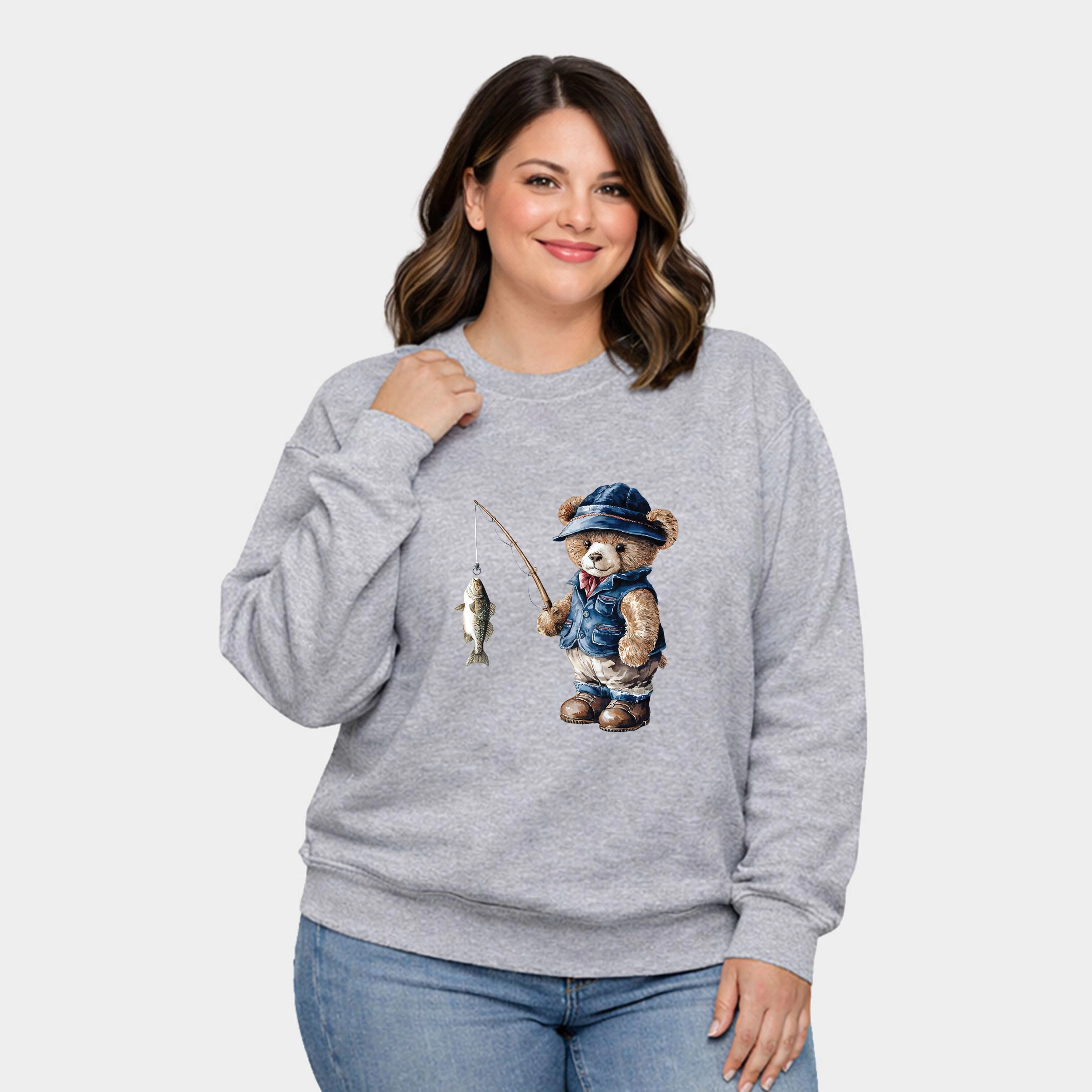 Simply Sage Market - Women's Plus Sweatshirt Teddy Bear Fisherman