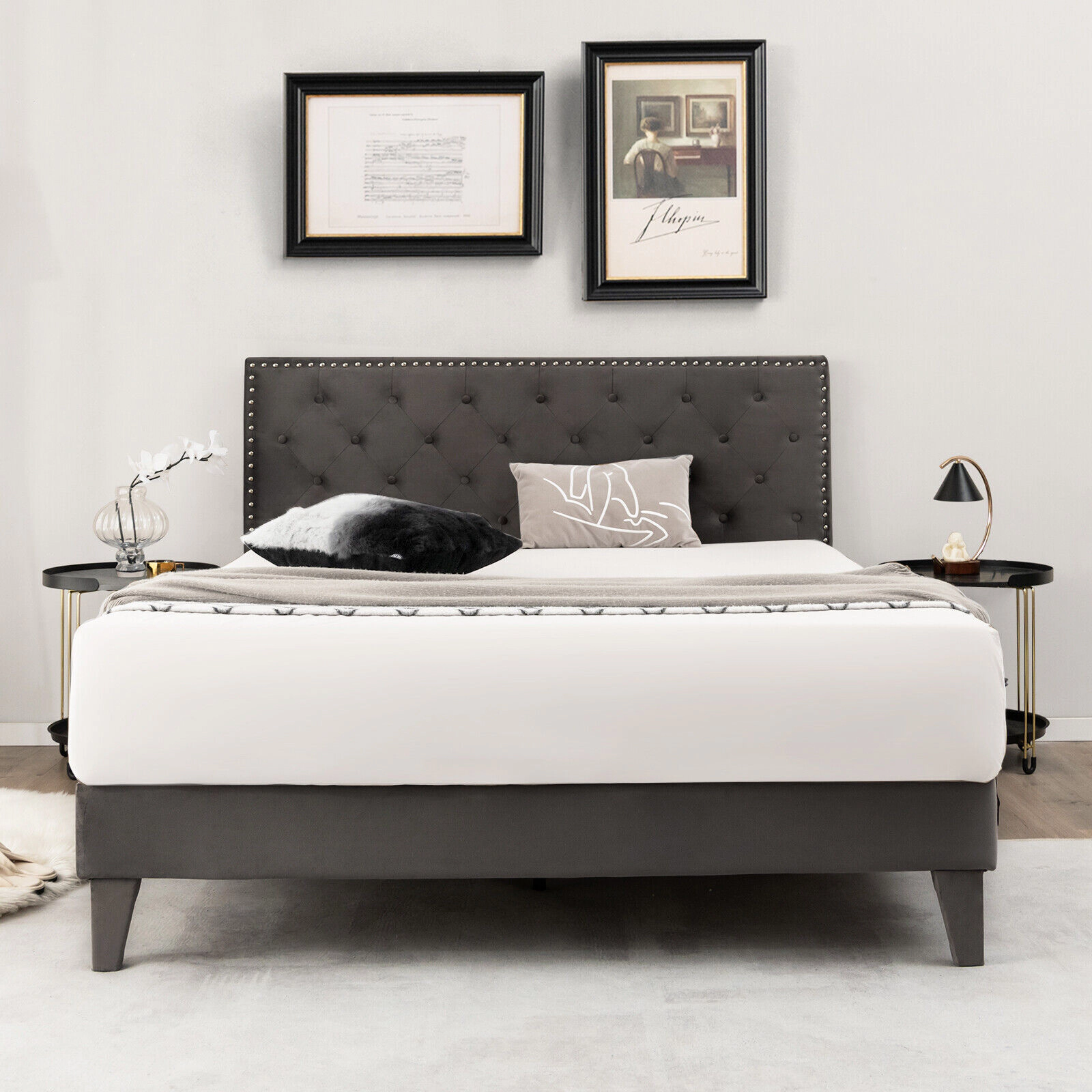 SUGIFT Queen Upholstered Platform Bed, Tufted Velvet Headboard, Metal Frame, 9 Legs, Gray