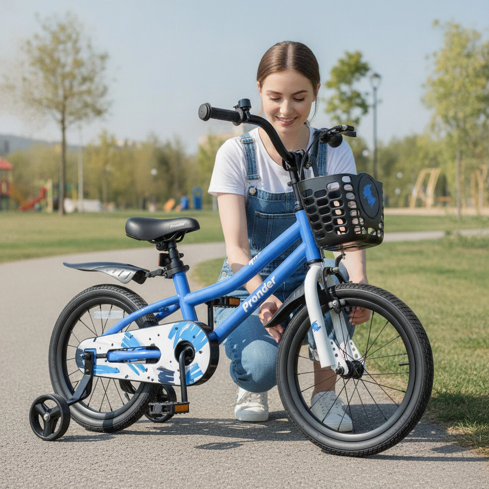 16-in Kids Bike Removable Training Wheels Front Basket Adjustable Handlebar Coaster Brake Ages 4-7 Blue
