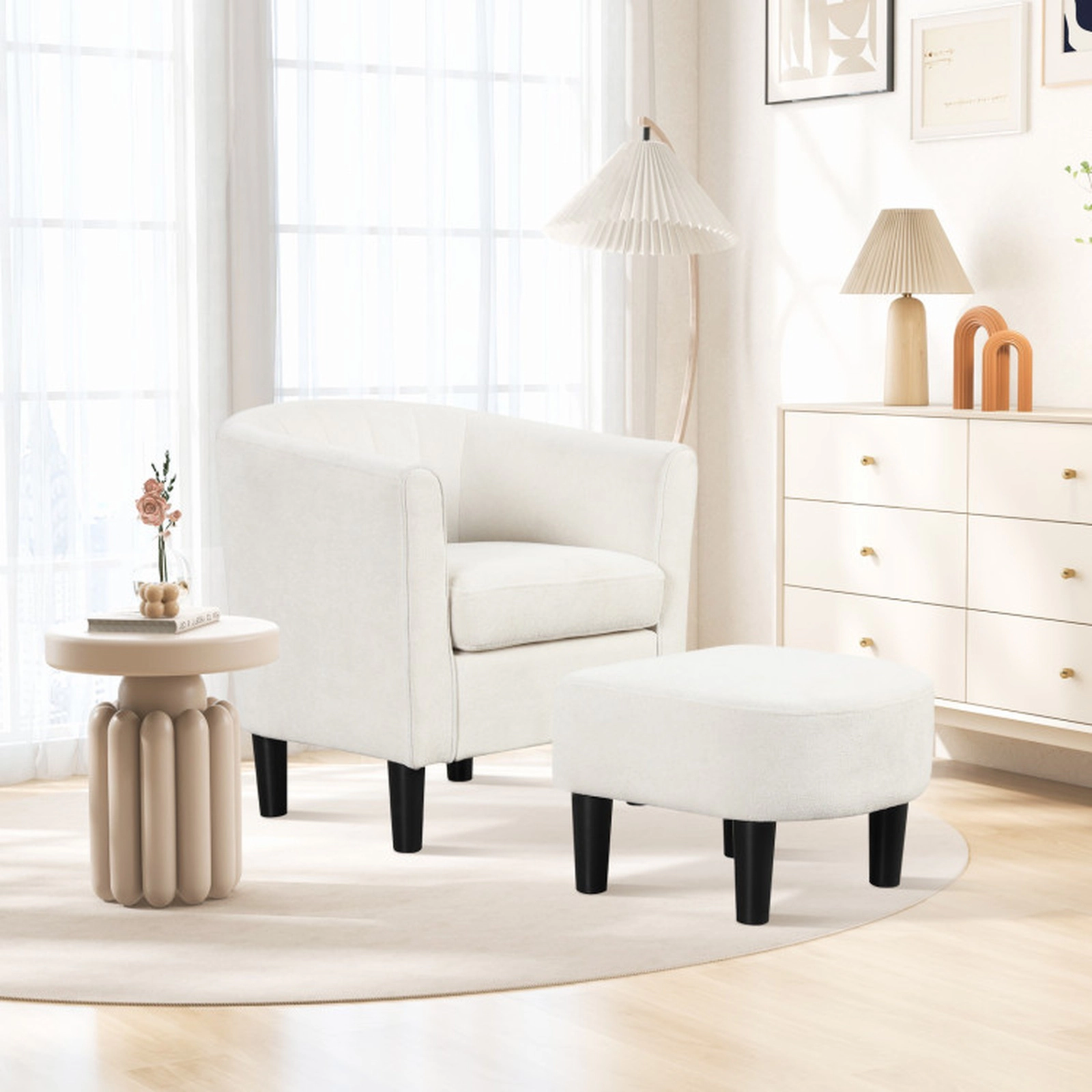 SUGIFT Beige Matching Ottoman Footrest 350-lb Teddy Velvet Club Barrel Chair