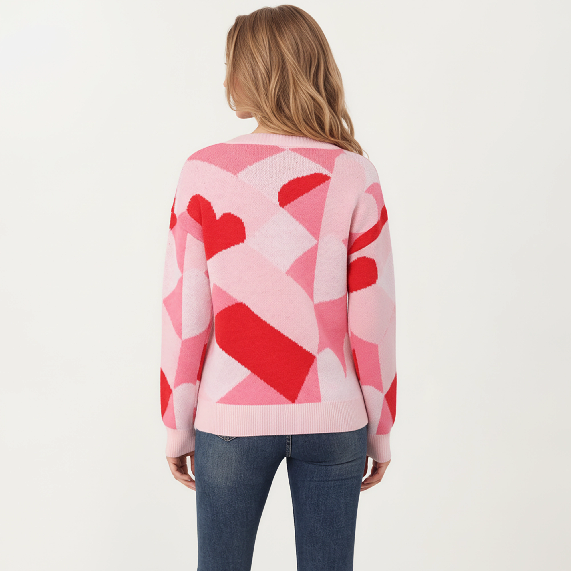 Anna-Kaci Women's Abstract Valentine Heart Pattern Knit Sweater with Textured Feel and Comfortable Relaxed Everyday Fit