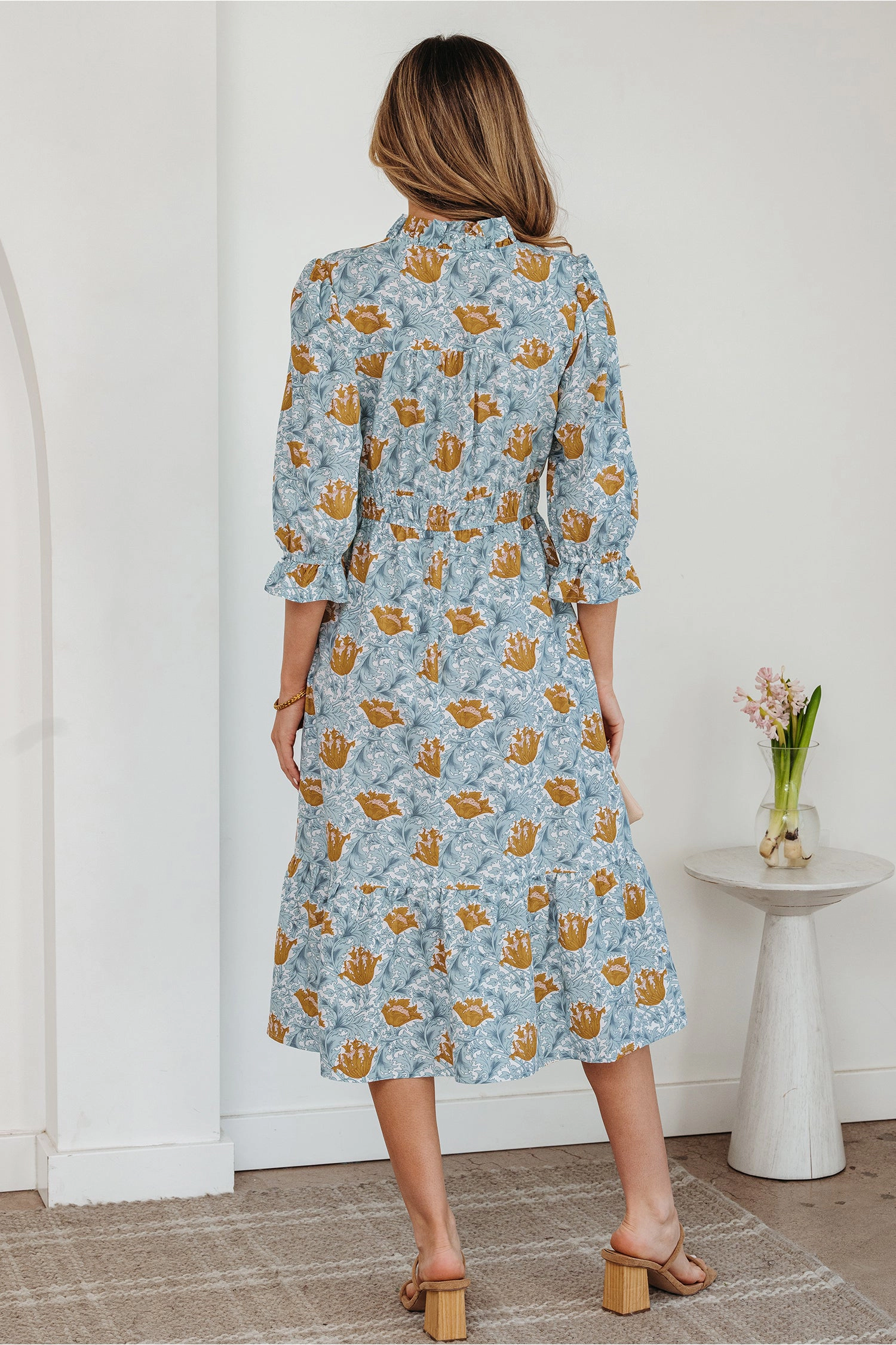 Threaded Pear Womens Rosalee Floral Frilled V-Neck Long Dress - Bracelet Sleeve, Elastic Waist