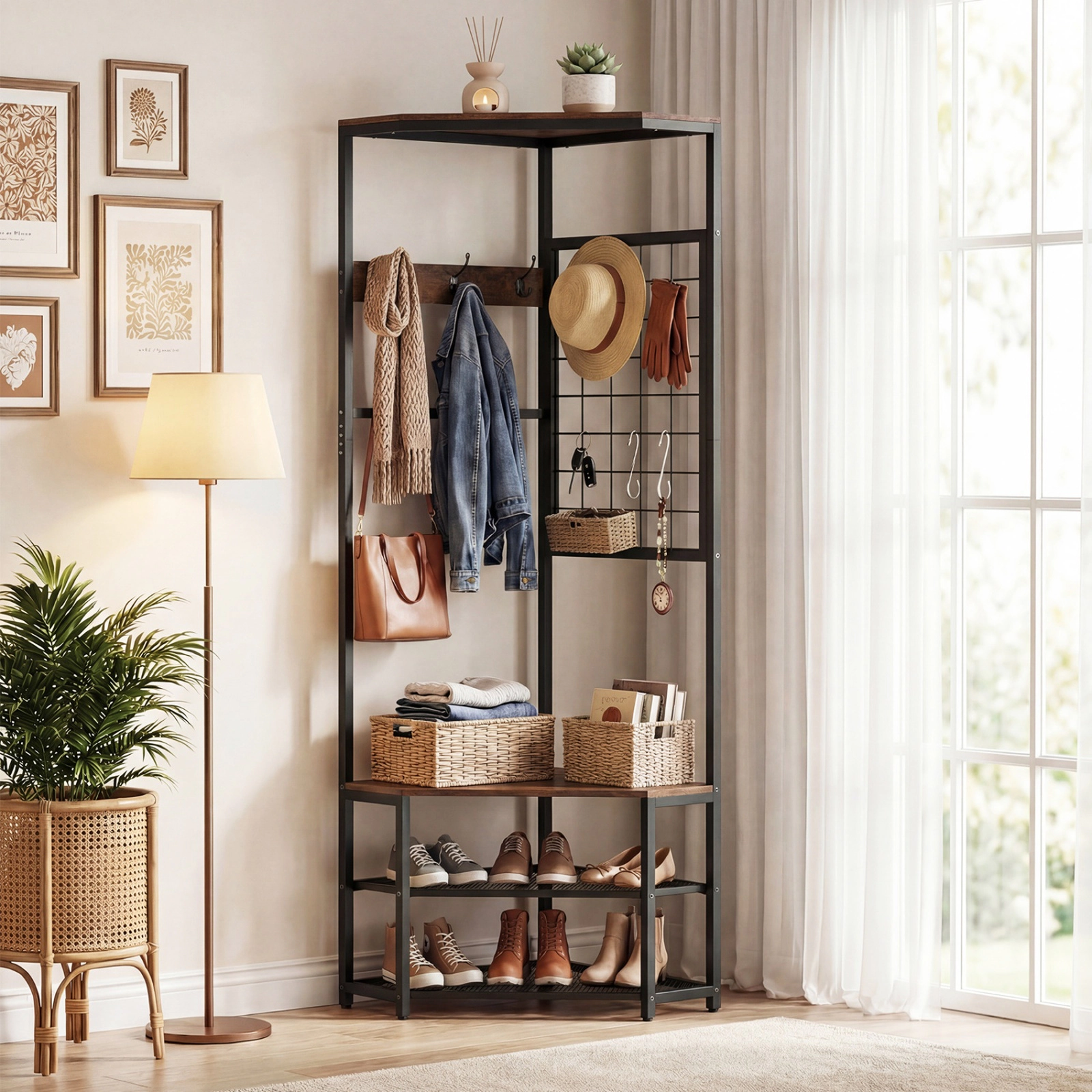 SUGIFT Corner Hall Tree Freestanding Coat Rack with Storage Shelves and Removable Hooks 220-lb Capacity Rustic Brown