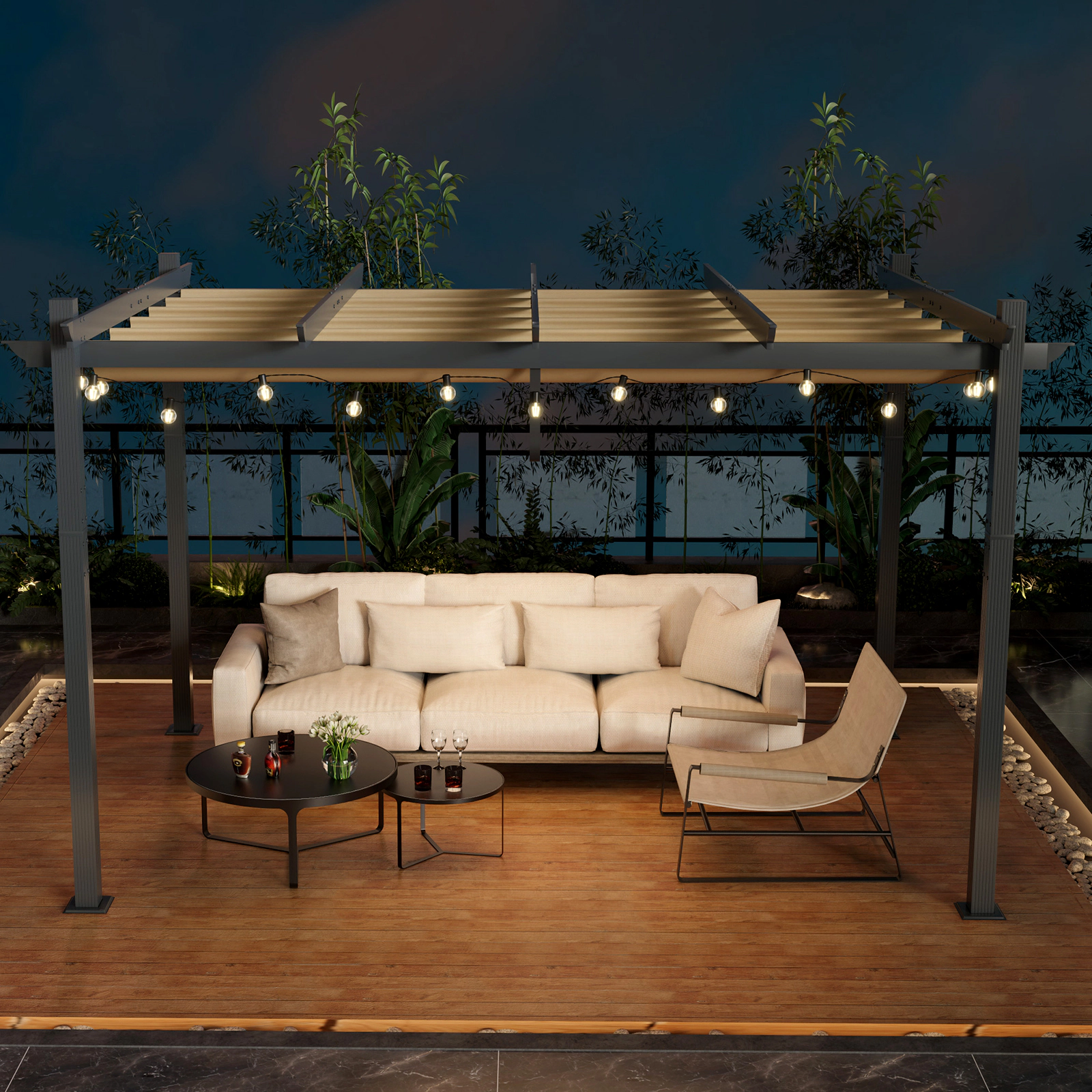 SUGIFT 10 x 13Feet Retractable Aluminum Pergola Canopy Shelter Powder-Coated Metal Frame 92-lb Net Weight Gray Beige