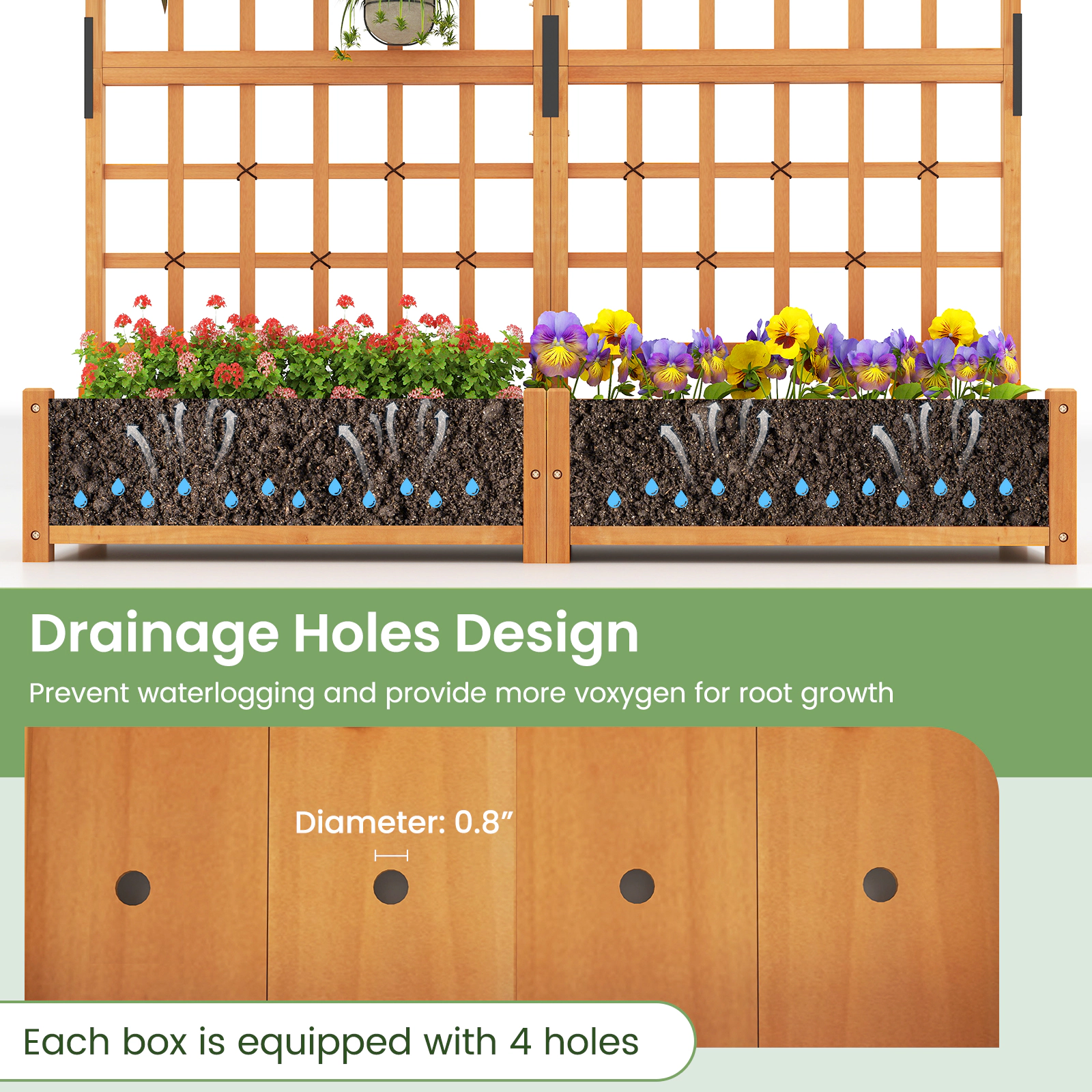 SlickBlue Outdoor Wooden Planter Box with Dual Trellis for Climbing Plants