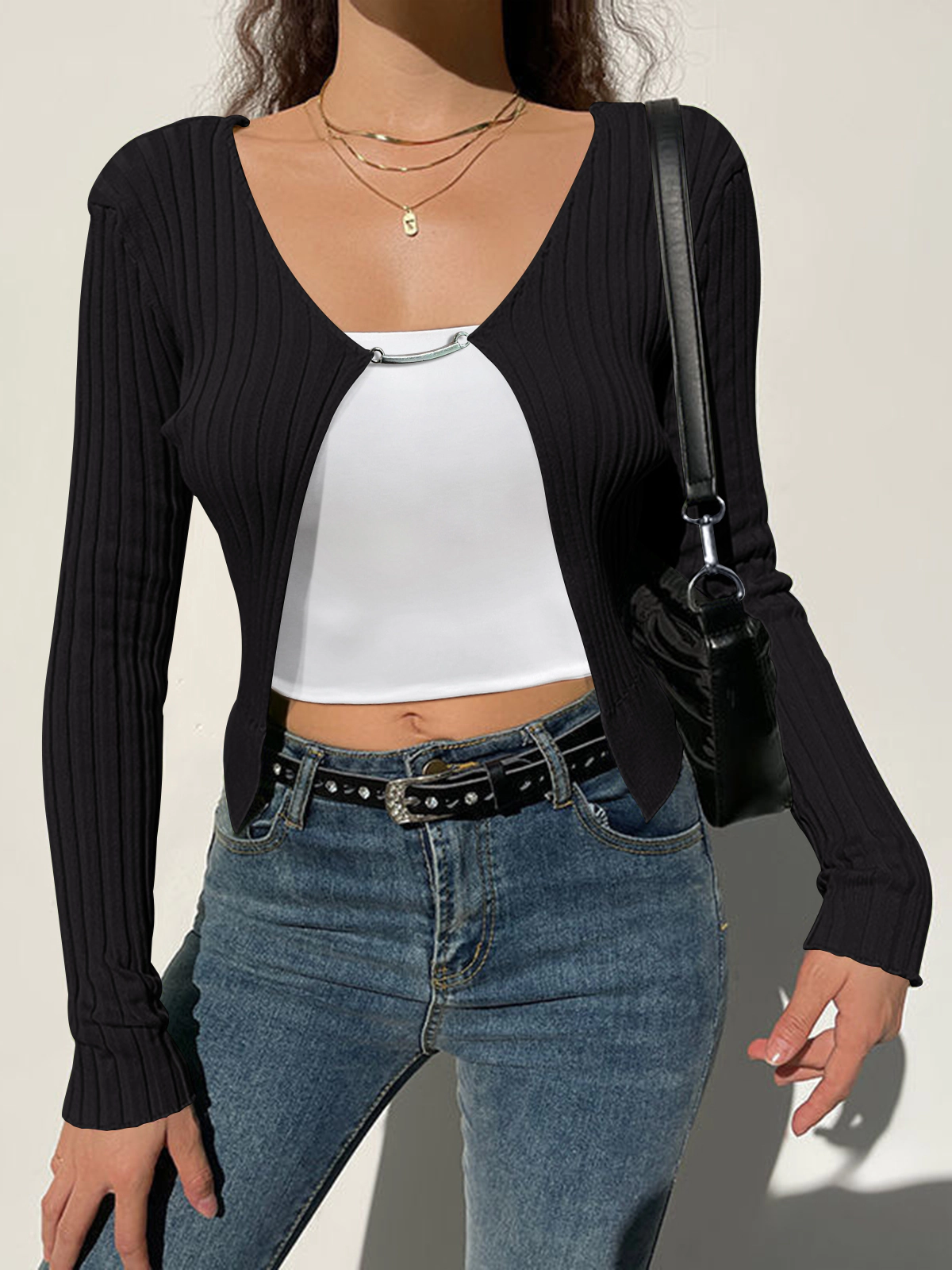 KOJOOIN Cardigan Sweaters for Women Ring Tie Front Long Sleeve Crop Rib Knit Shrugs Tops