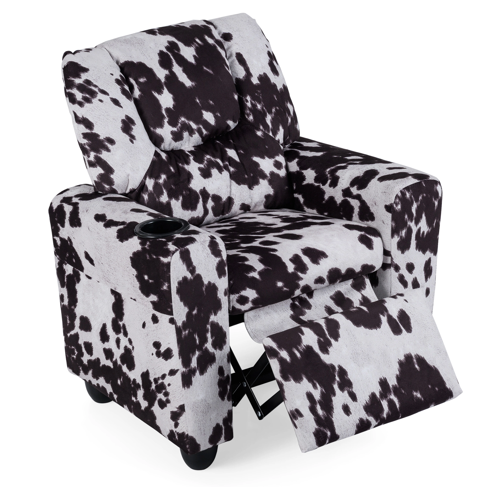 SUGIFT Kids Cow Print Velvet Cup Holder Push Back Recliner 24-in x 21.5-in x 28-in 150-lb Capacity Ages 3+ Black/White