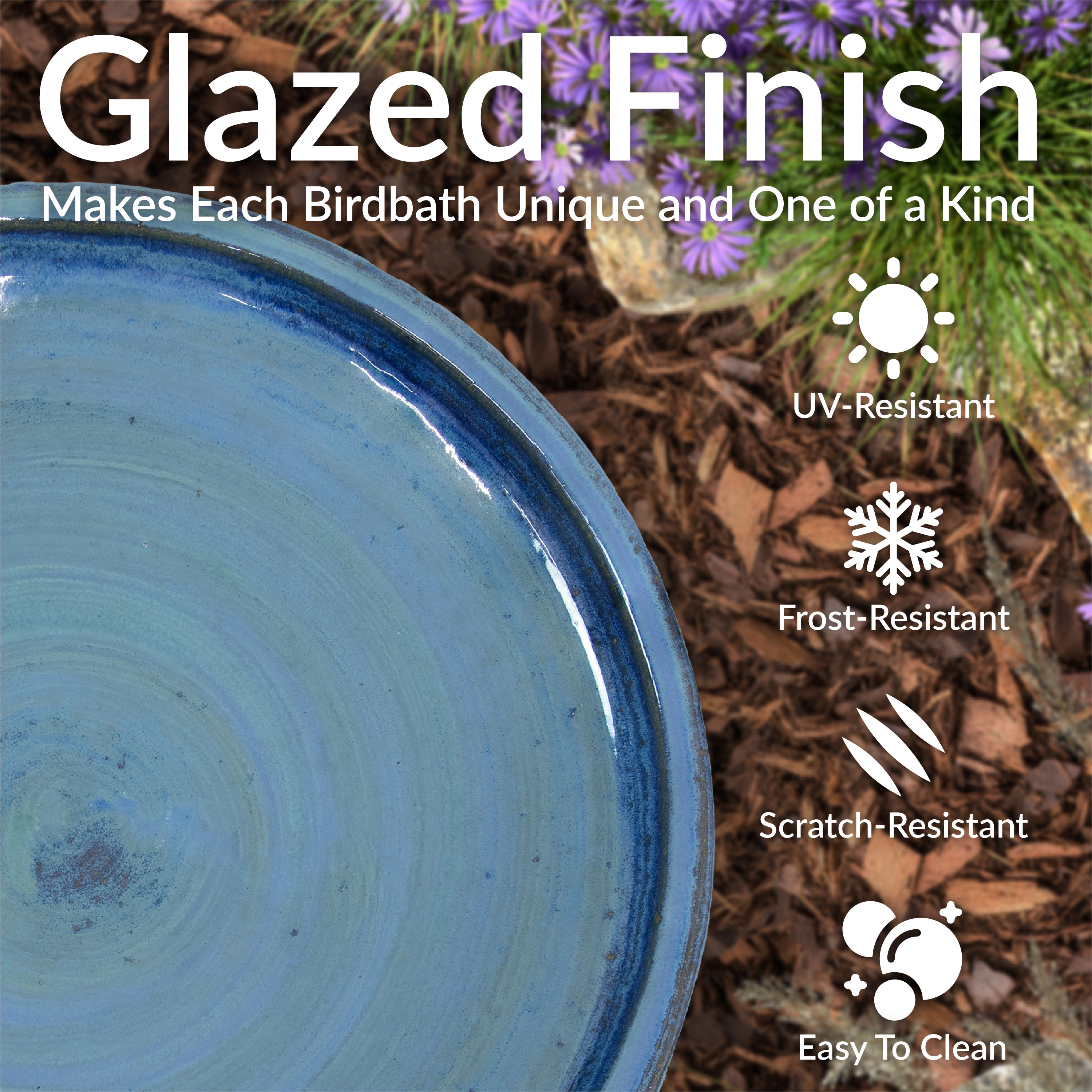 Sunnydaze Ceramic Bird Bath, Weather-Resistant Finish, 21” H, Cloud Swirl