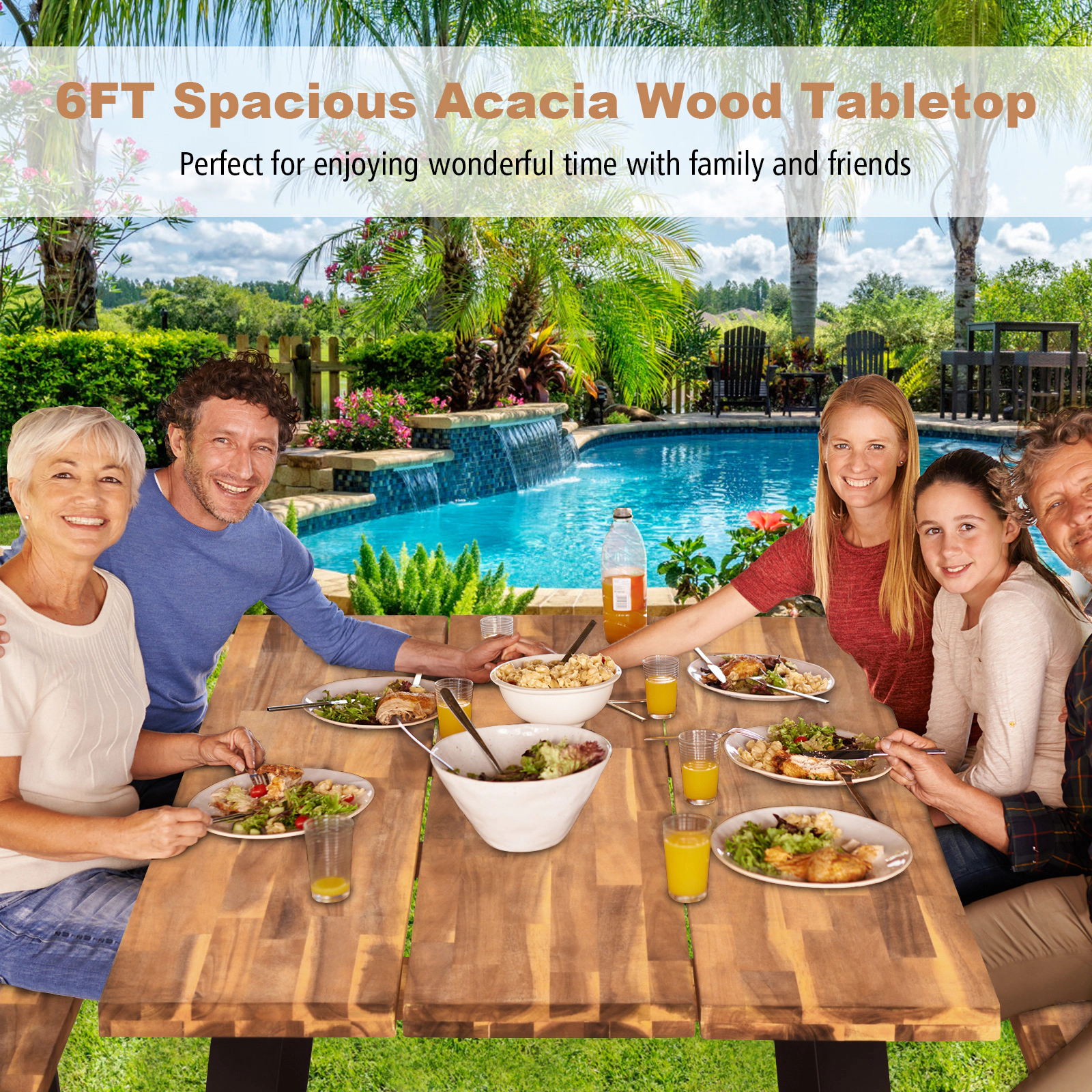 SUGIFT 70-In Acacia Wood Picnic Table Set with Two Benches and Umbrella Hole