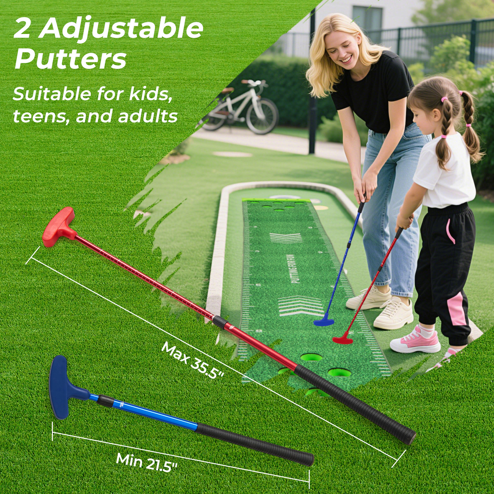 11-ft Putting Green Mat Set 2 Adjustable Putters 6 Balls Ball Holders Carry Bag Kids and Adults Mini Golf