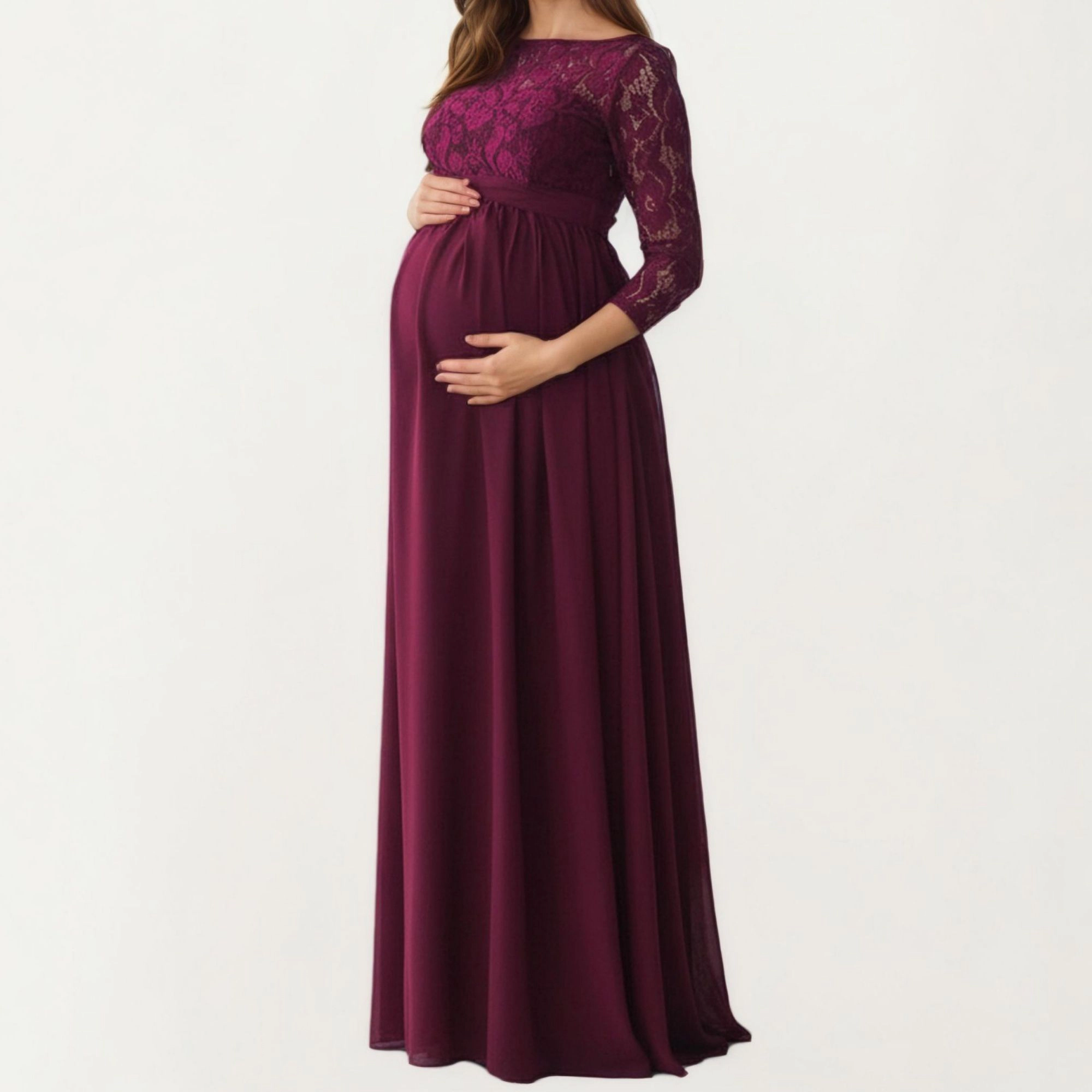 Anna-Kaci Women's Lace Bodice Maternity Sheer Three-Quarter Sleeves Maxi Dress