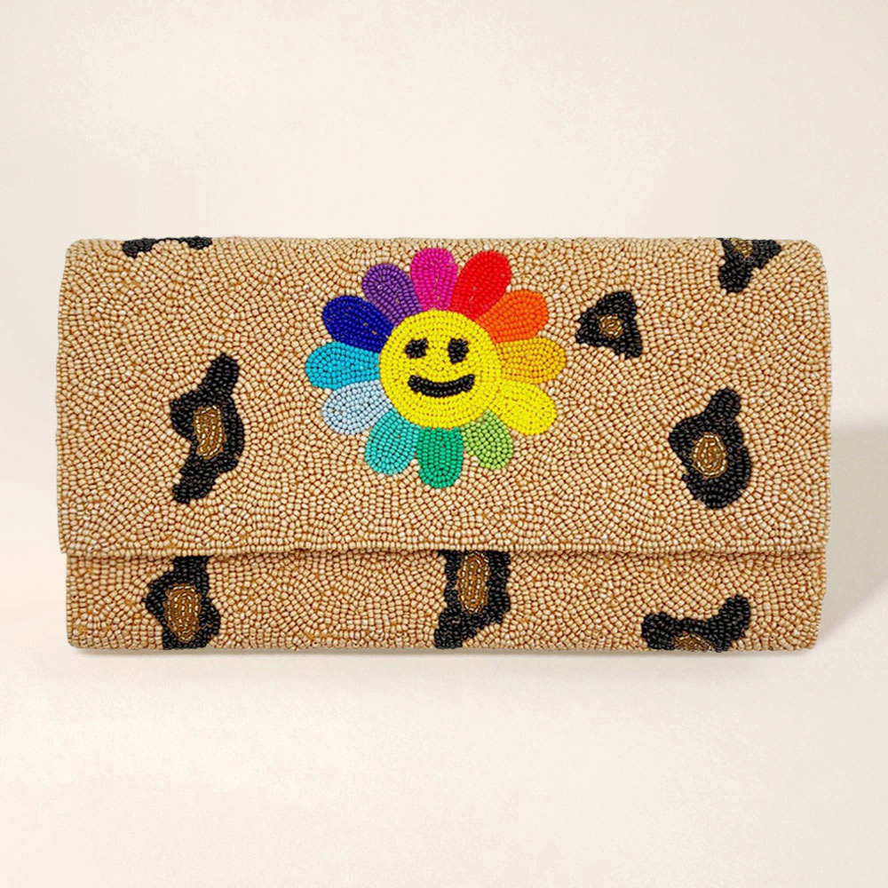 Fashnzfab Smile Flower Accented Leopard Patterned Seed Beaded Clutch / Crossbody Bag