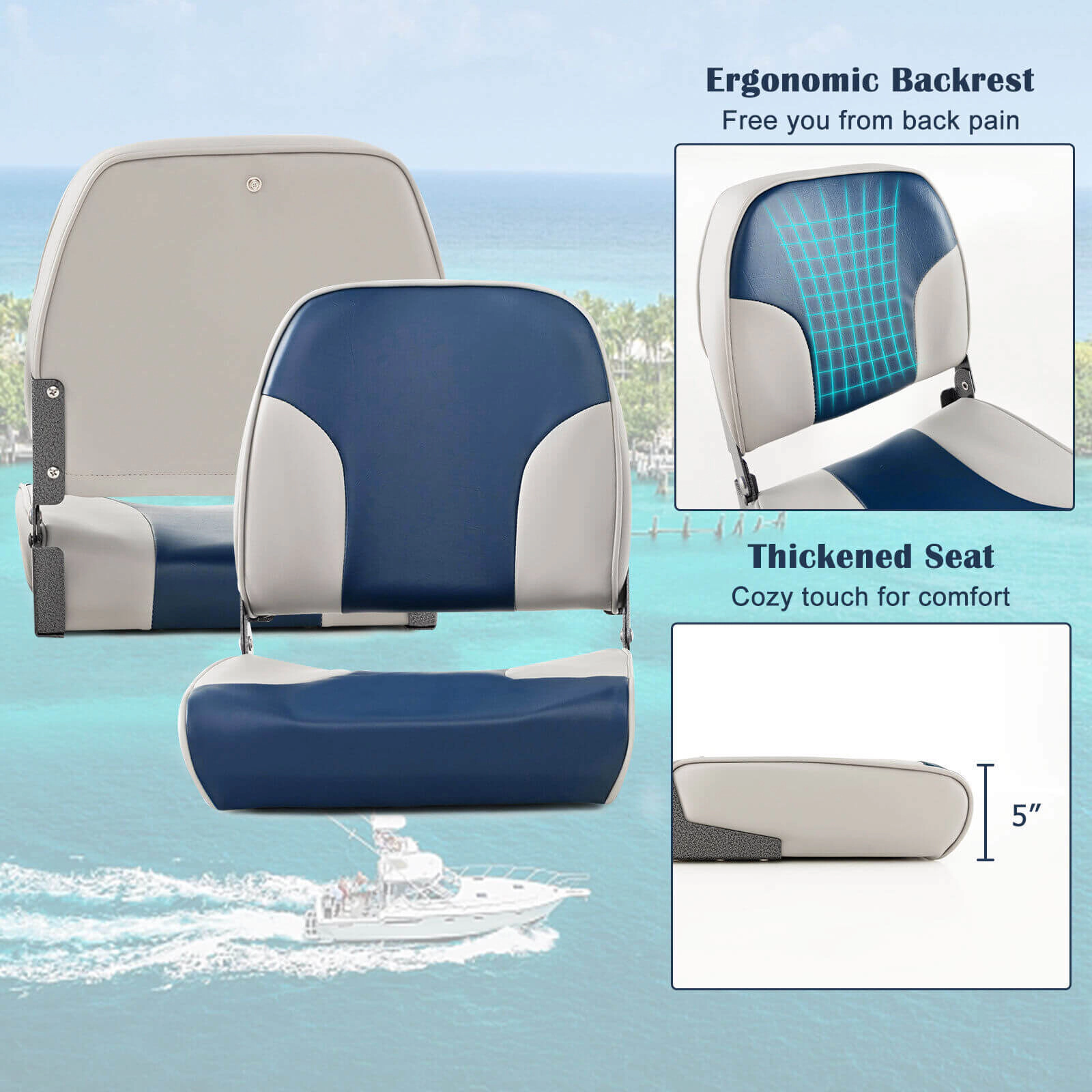 SUGIFT Folding Low Back Boat Seat Set with Sponge Padding and Aluminum Hinges 400-lb Capacity Blue